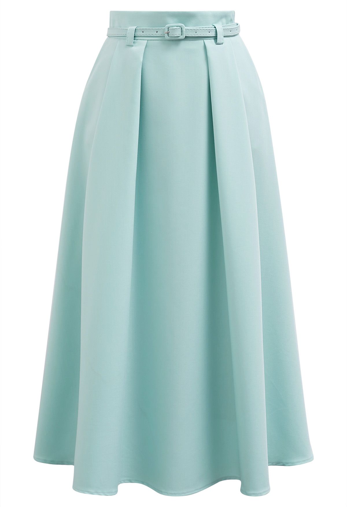 Side Pockets Pleated Belt Midi Skirt in Mint