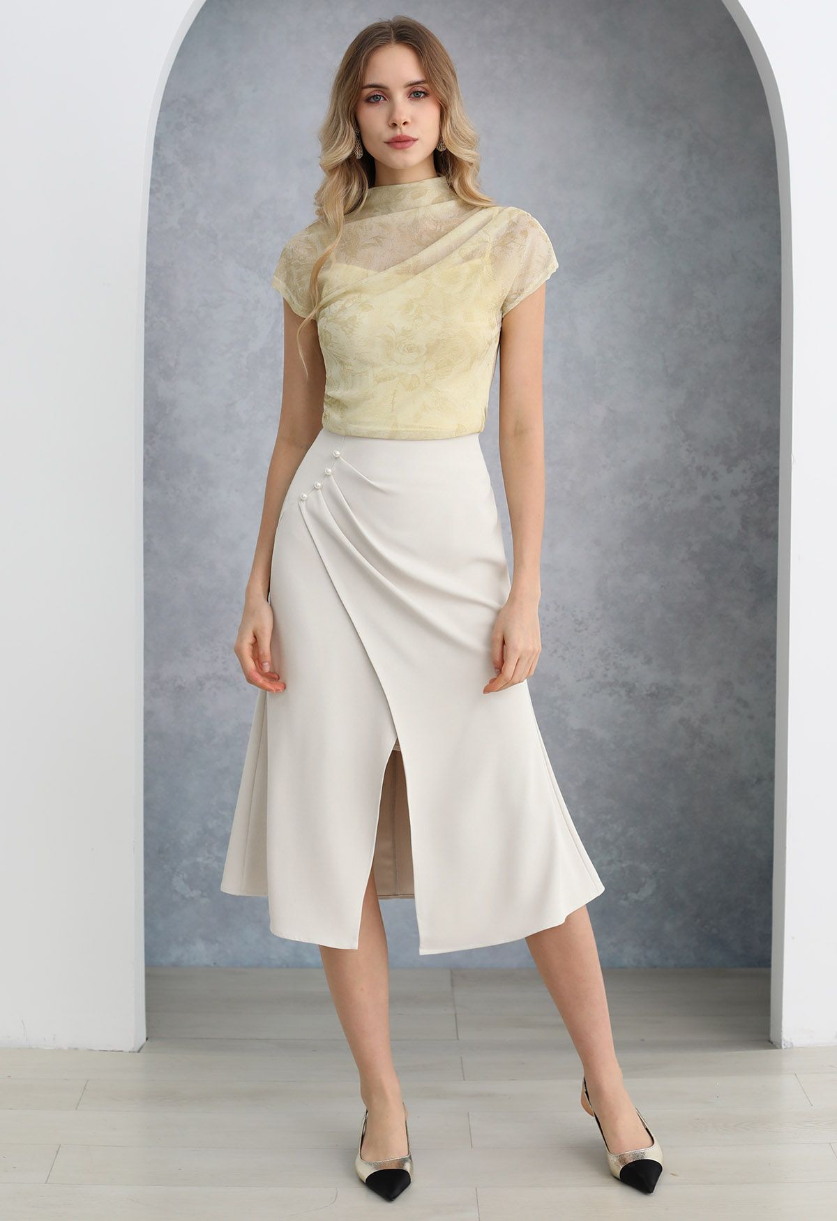 Pearl Side Pleats Asymmetric Flap Midi Skirt in Ivory