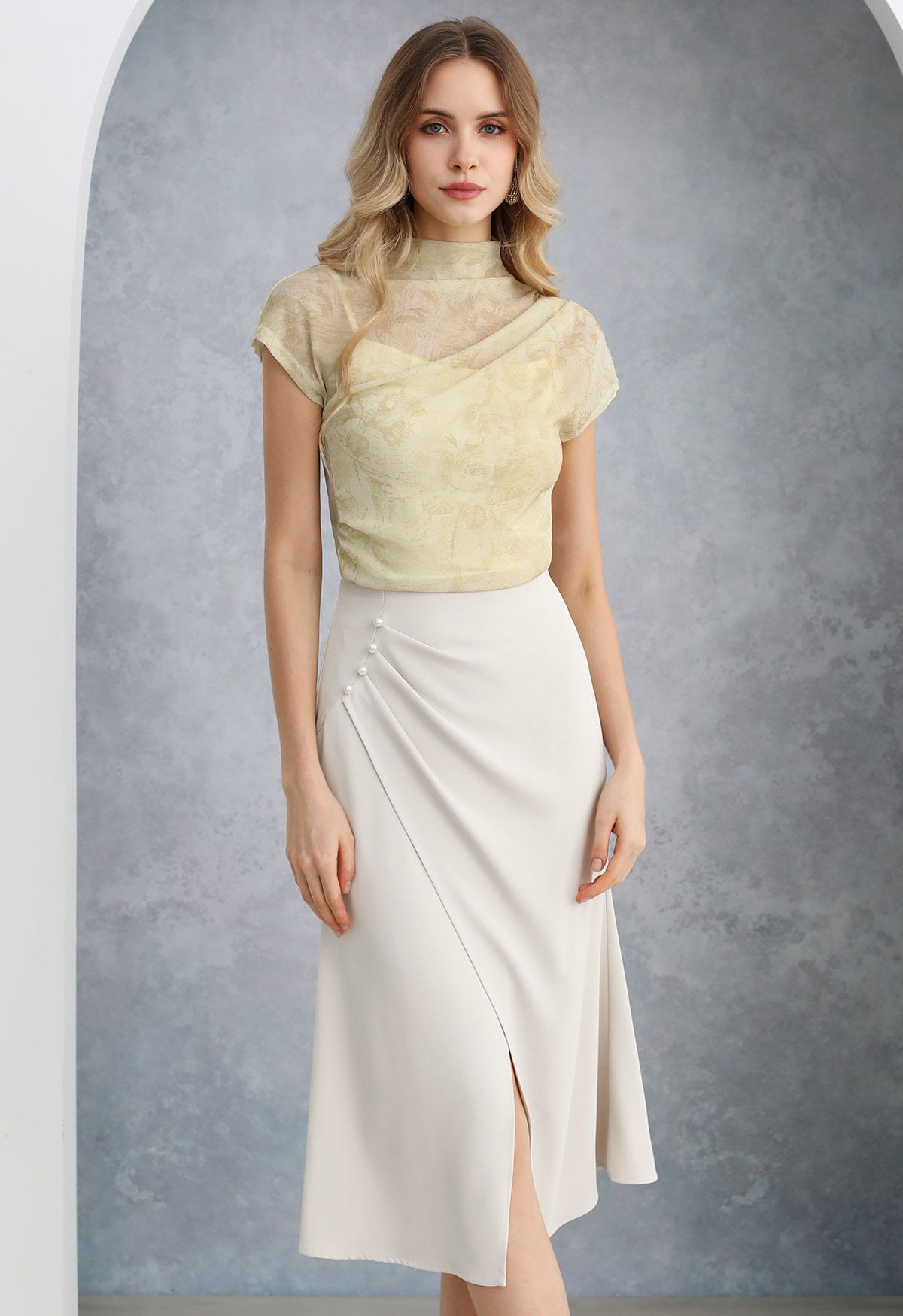 Pearl Side Pleats Asymmetric Flap Midi Skirt in Ivory