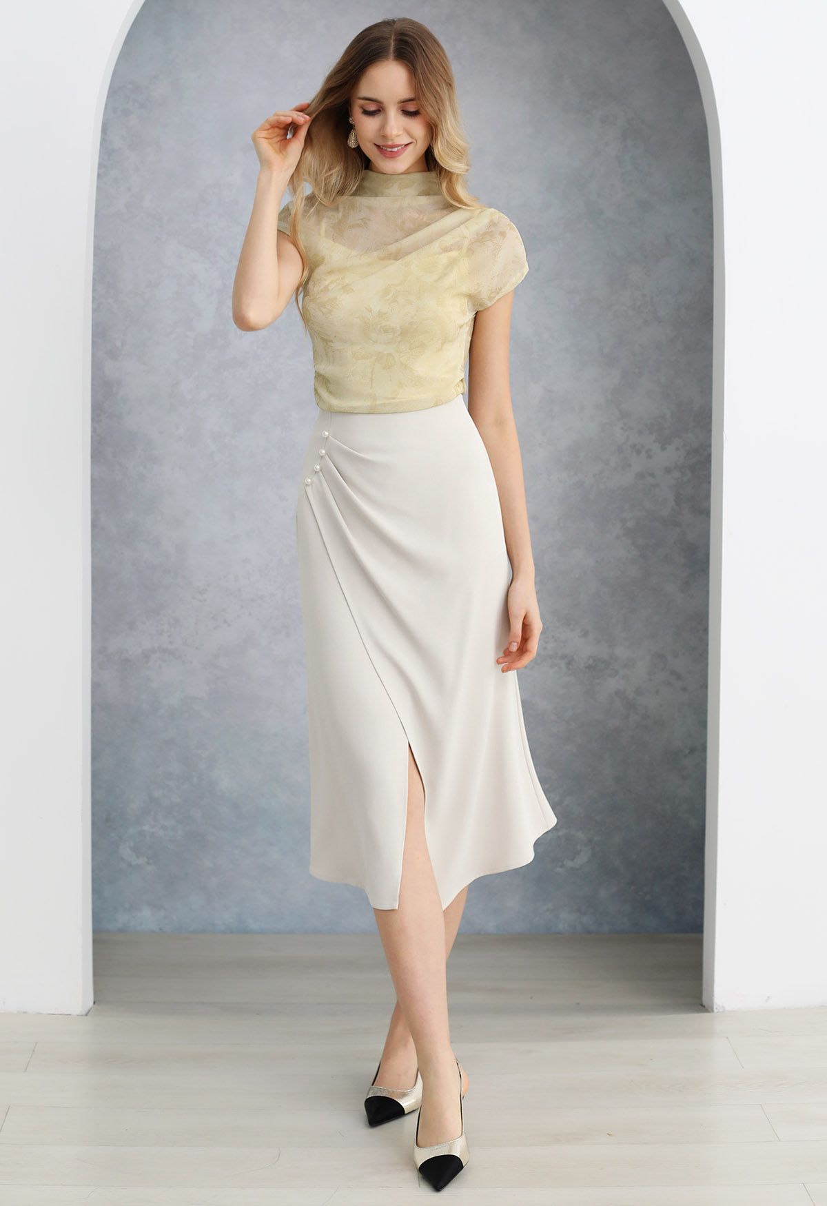 Pearl Side Pleats Asymmetric Flap Midi Skirt in Ivory