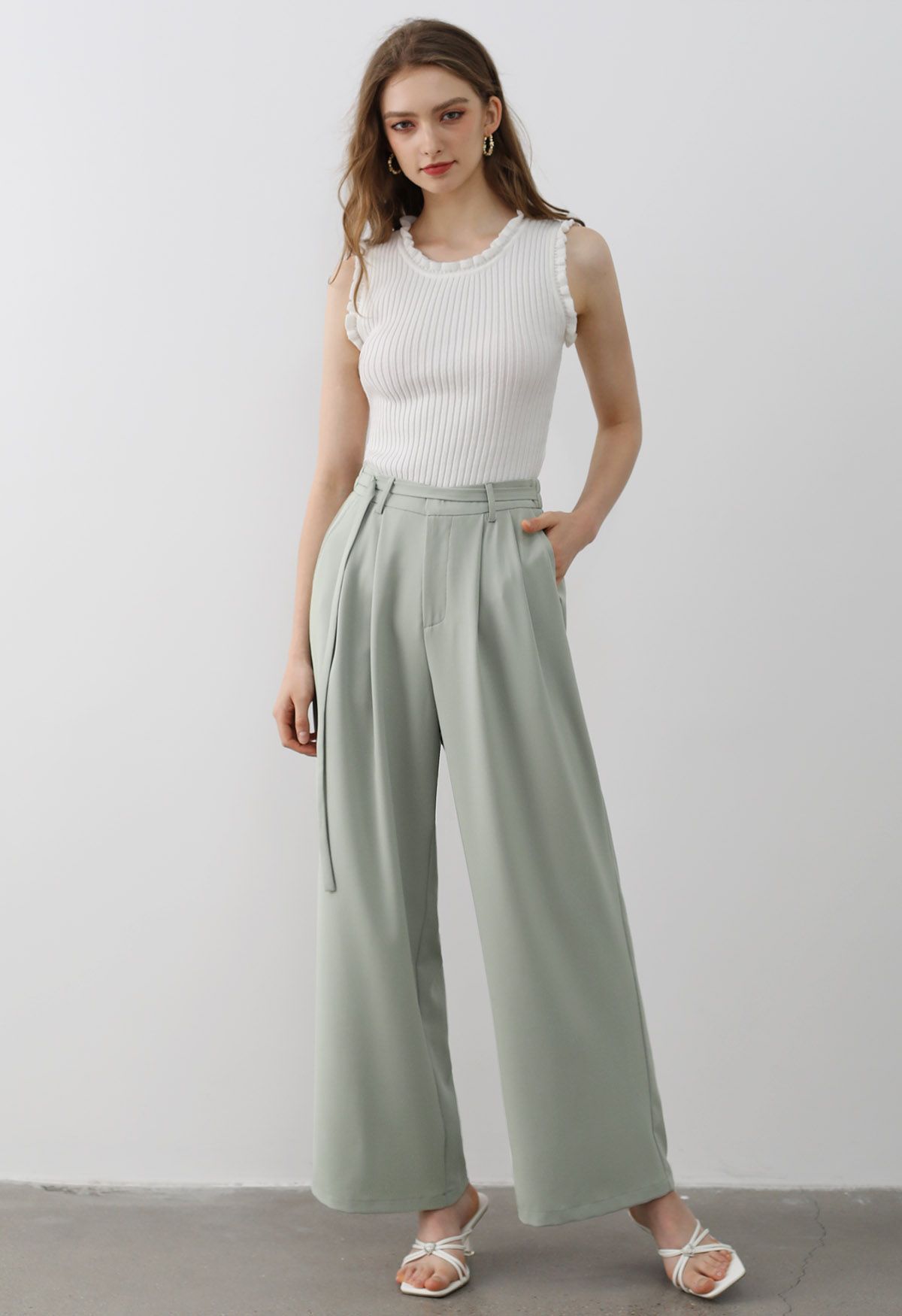 Belted Waist Pleated Palazzo Pants in Pea Green