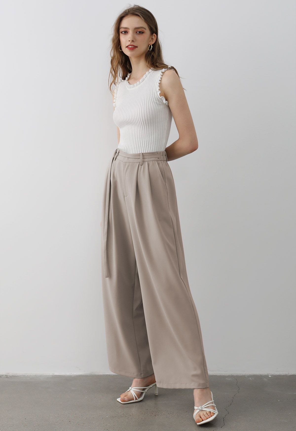 Belted Waist Pleated Palazzo Pants in Khaki