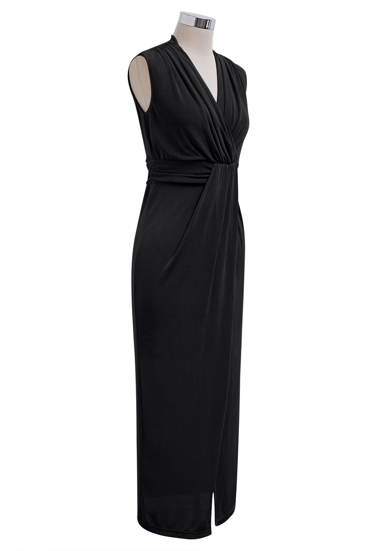 Cinched Waist Faux-Wrap Sheath Dress in Black