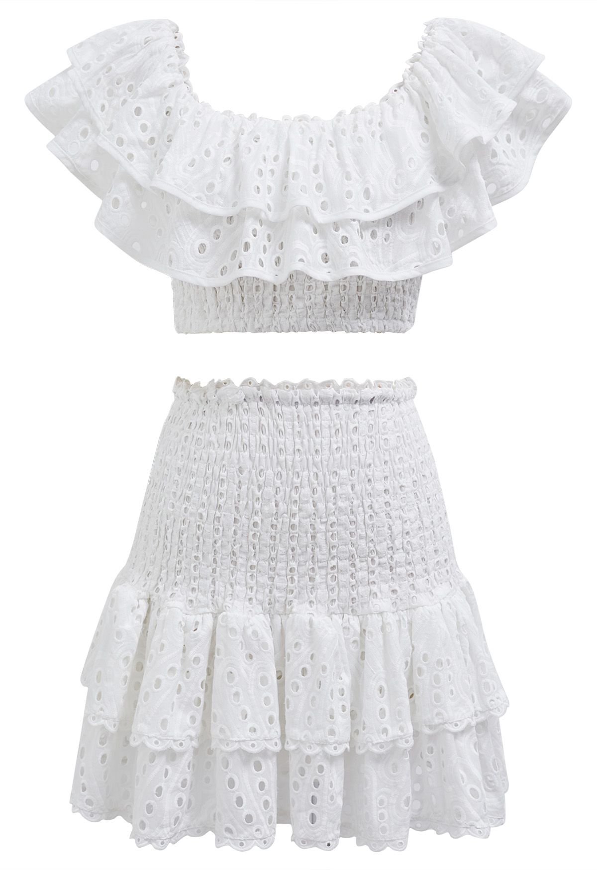 Ruffled Off-Shoulder Shirred Crop Top and Mini Skirt Set in White