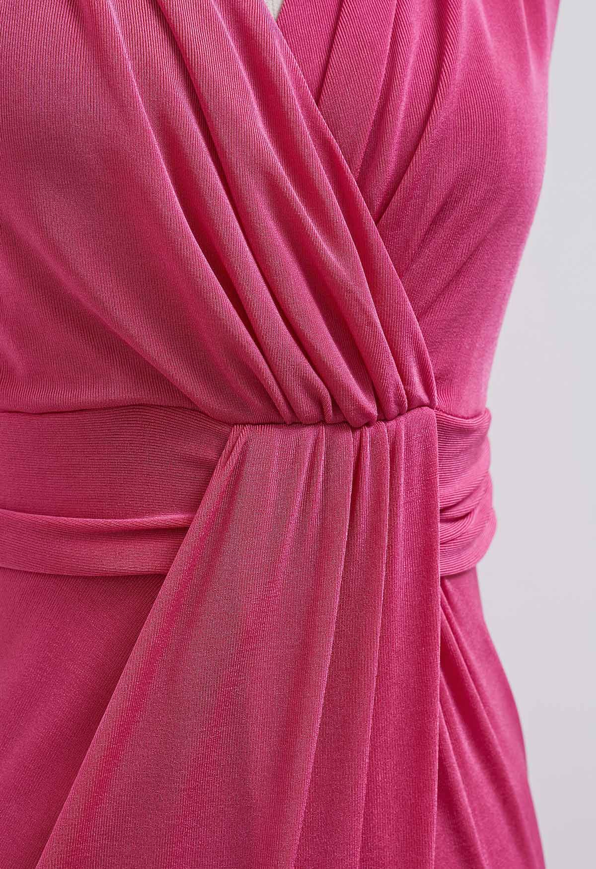 Cinched Waist Faux-Wrap Sheath Dress in Hot Pink