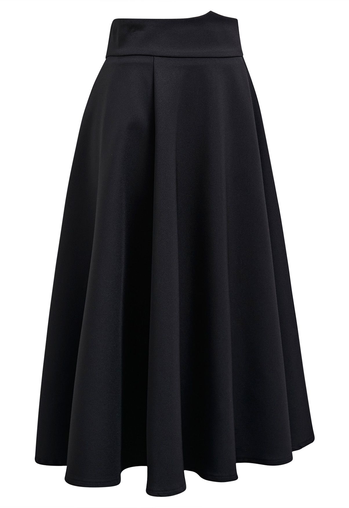 Solid Black High-Waist A-Line Midi Skirt 