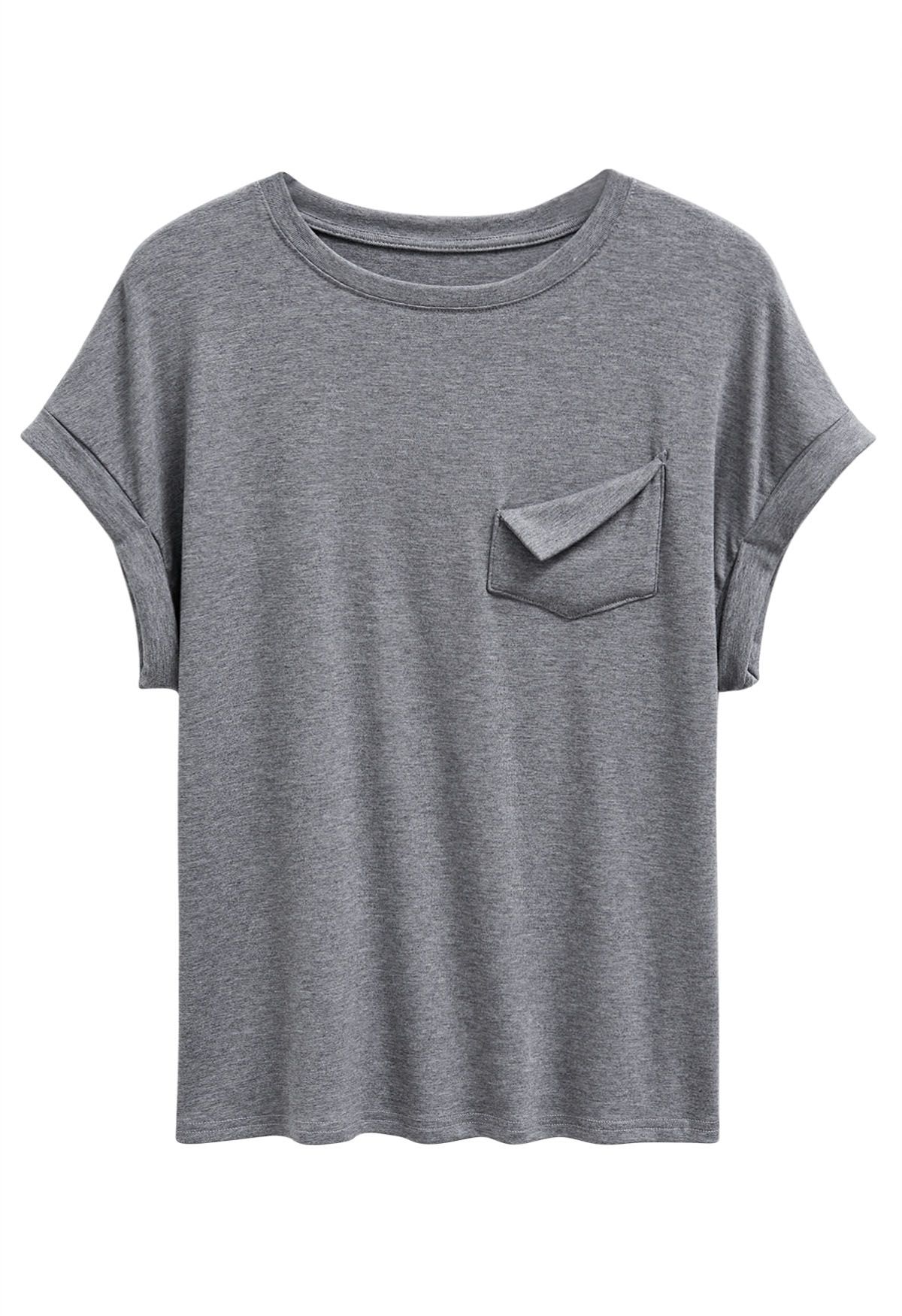 Pocket Trim Rolled Cuff T-Shirt in Grey