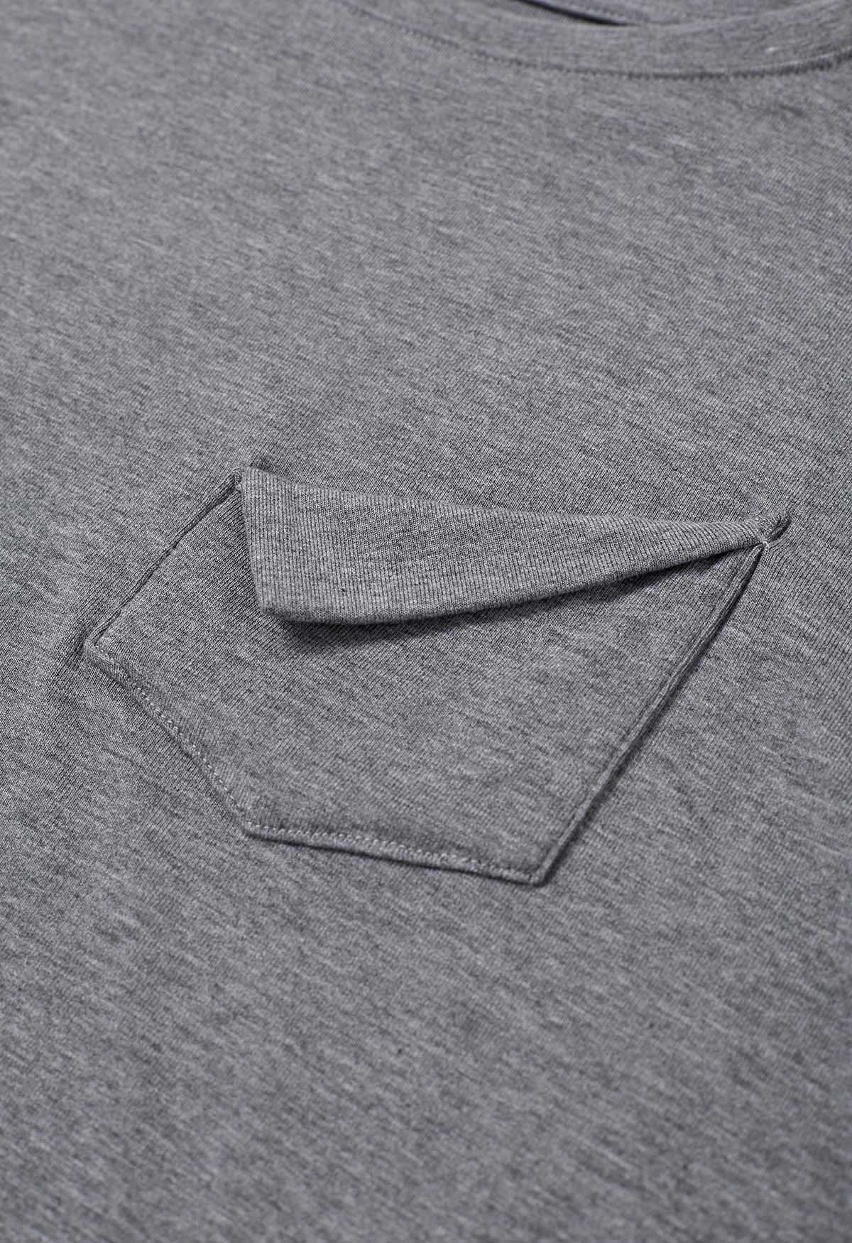 Pocket Trim Rolled Cuff T-Shirt in Grey