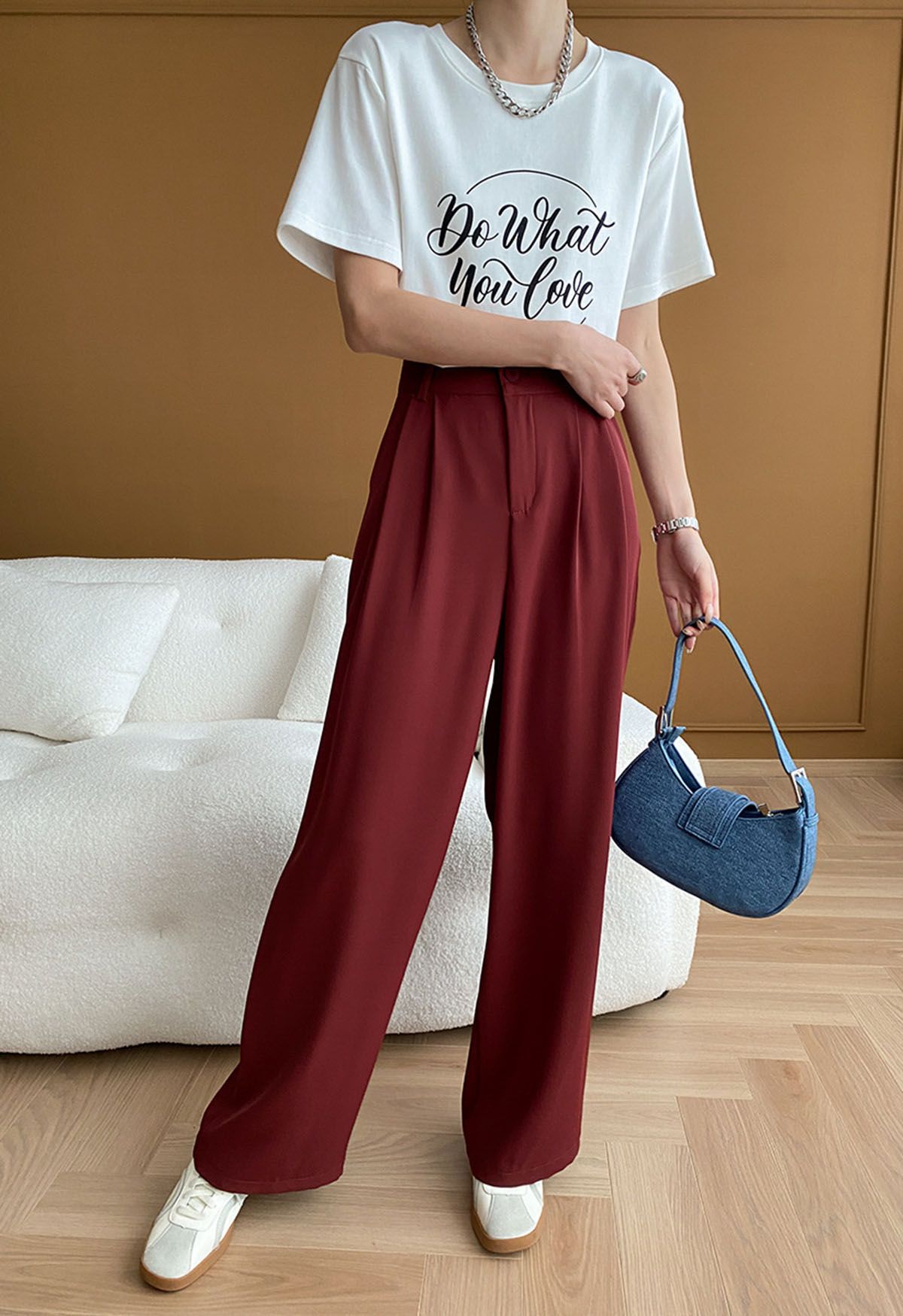 High-Waist Straight-Leg Pants in Red