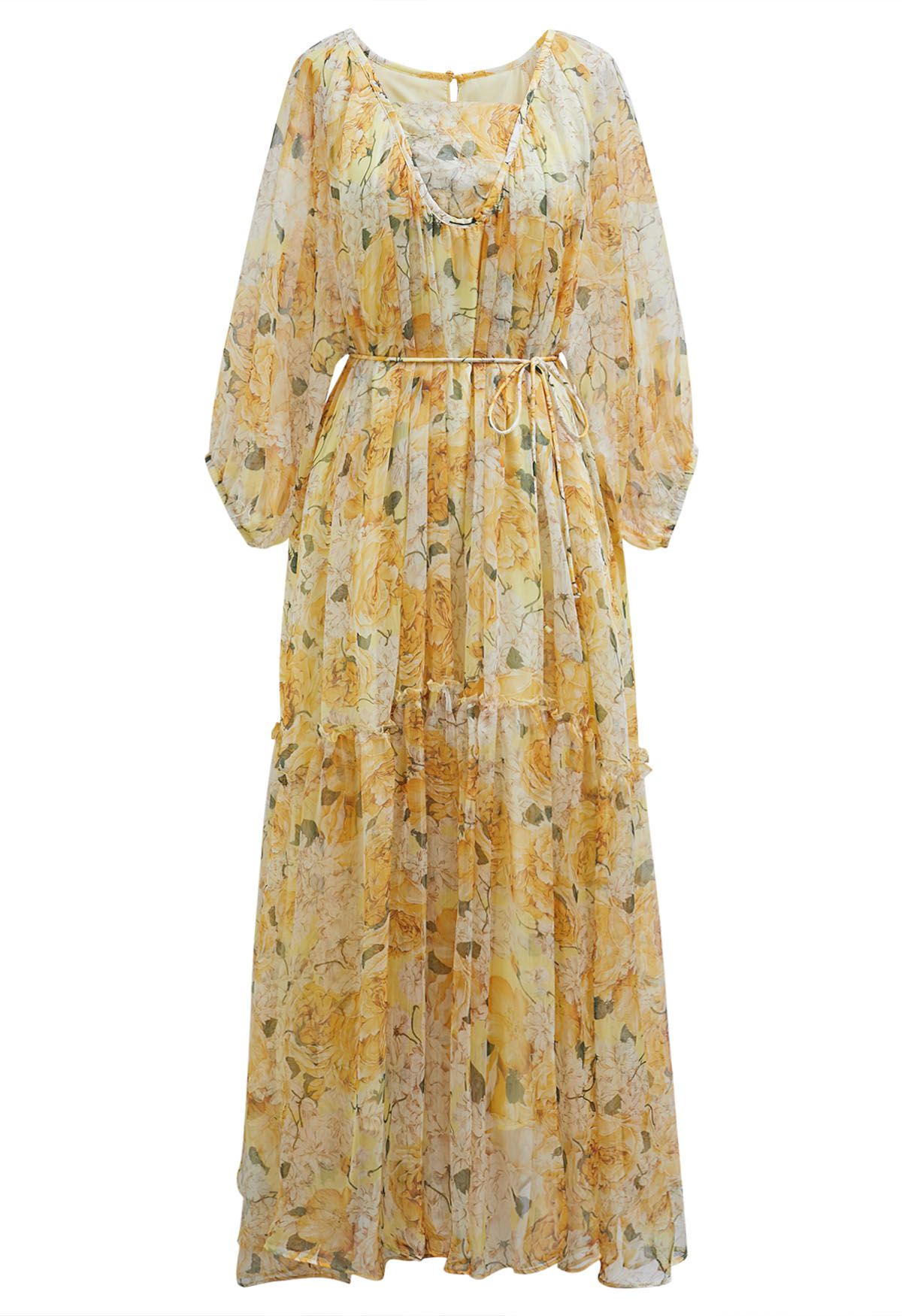 Gauzy Floral Print Bubble Sleeve Dolly Dress in Yellow