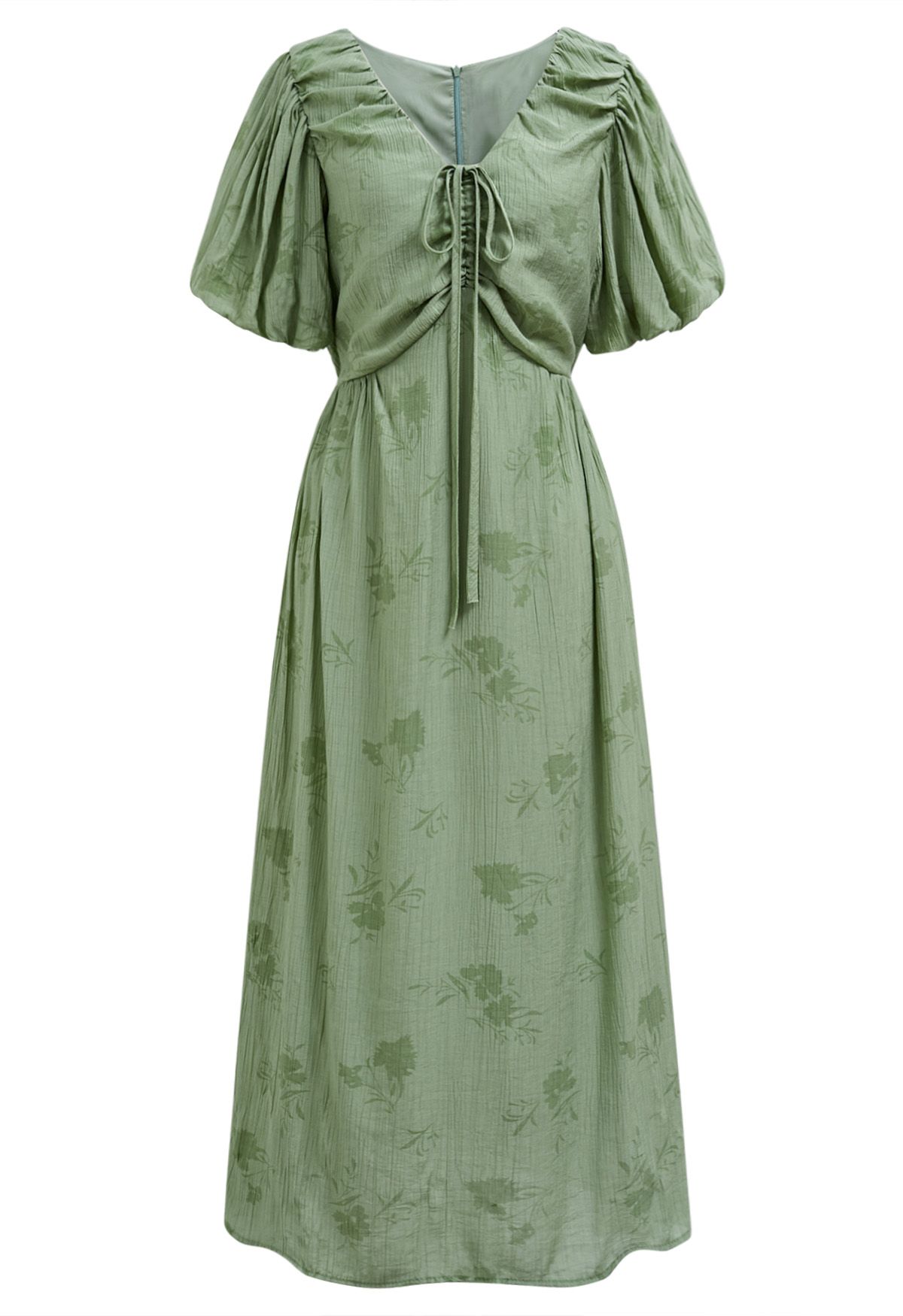 Subtle Floral Texture Drawstring V-Neck Midi Dress in Green