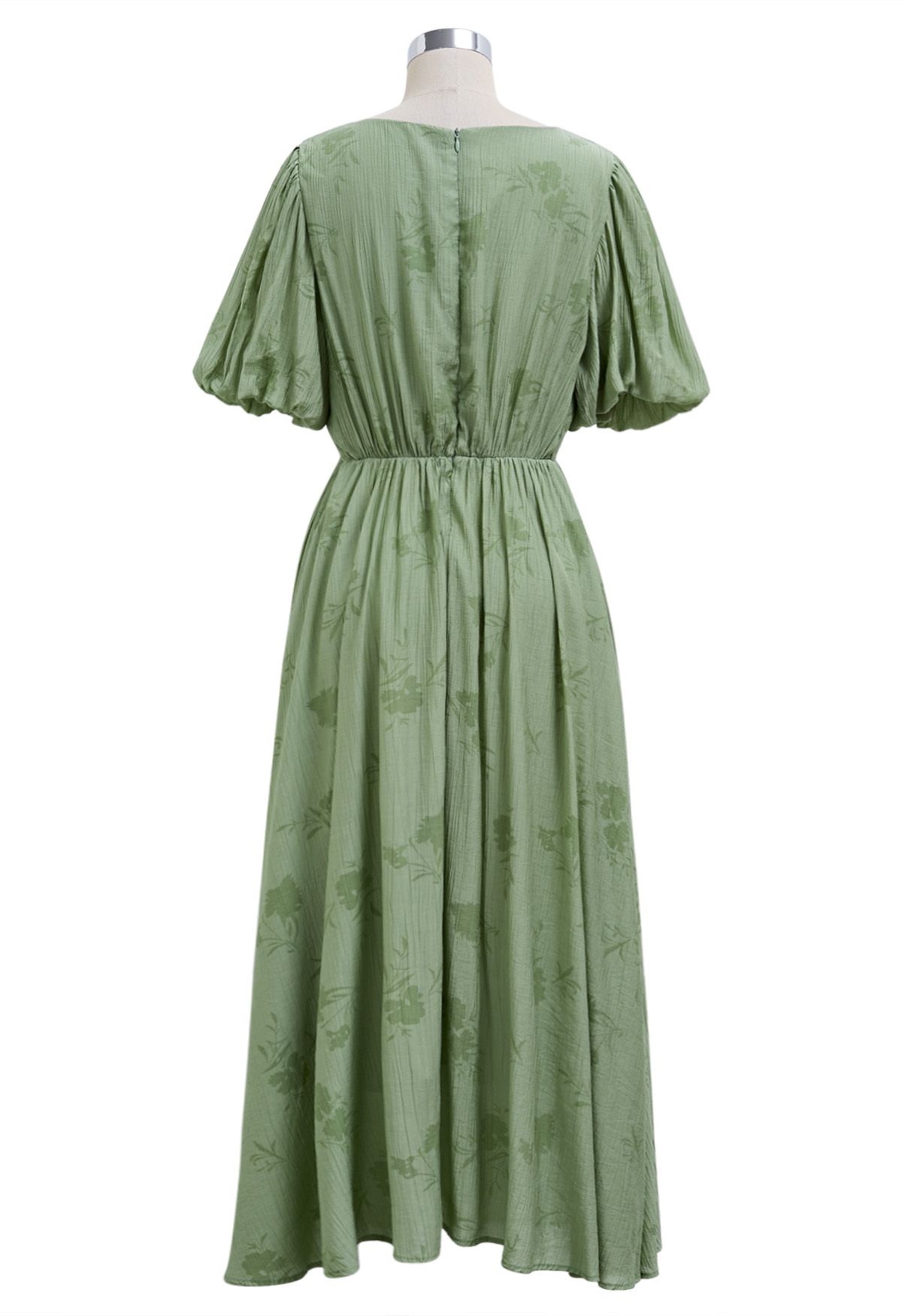 Subtle Floral Texture Drawstring V-Neck Midi Dress in Green