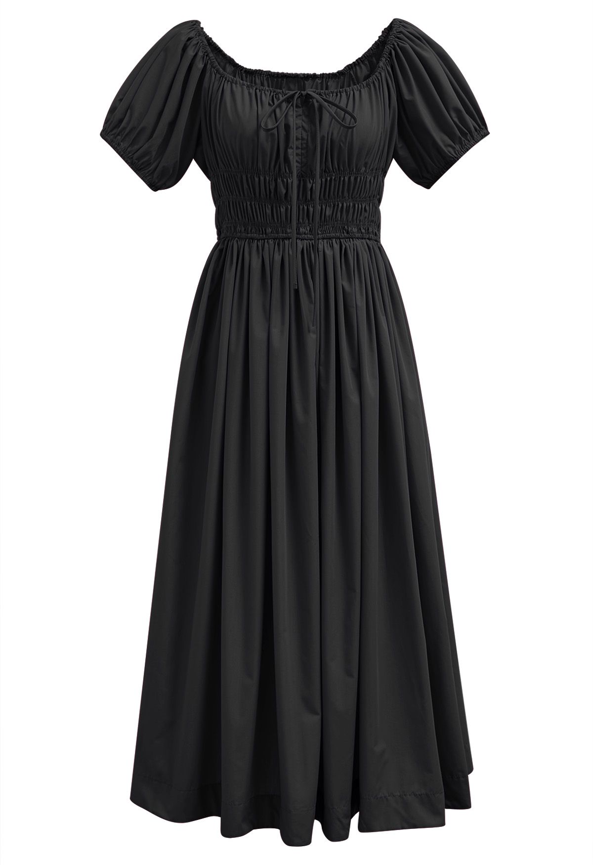 Square Neck Bubble Sleeve Shirred Midi Dress in Black