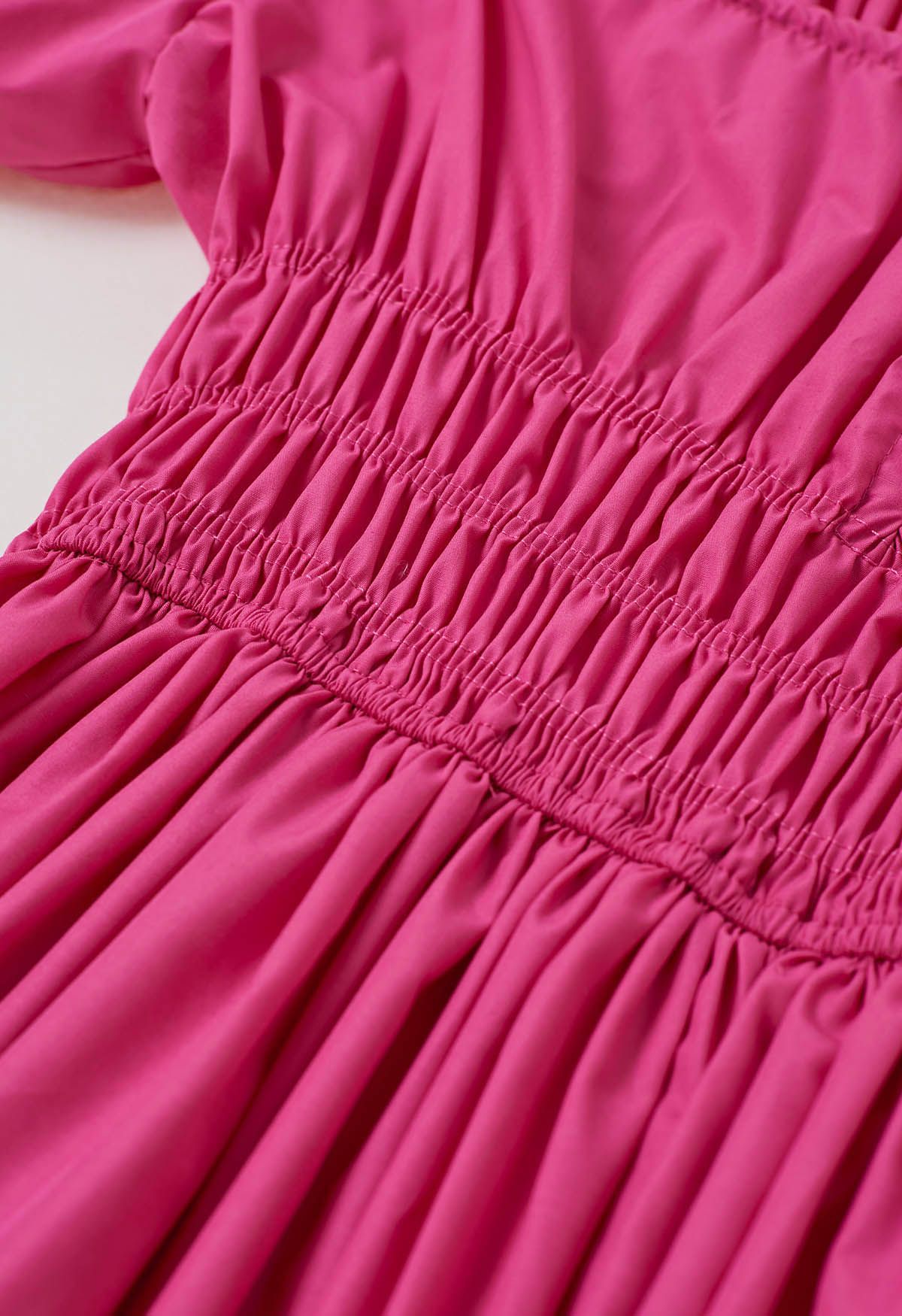 Square Neck Bubble Sleeve Shirred Midi Dress in Hot Pink