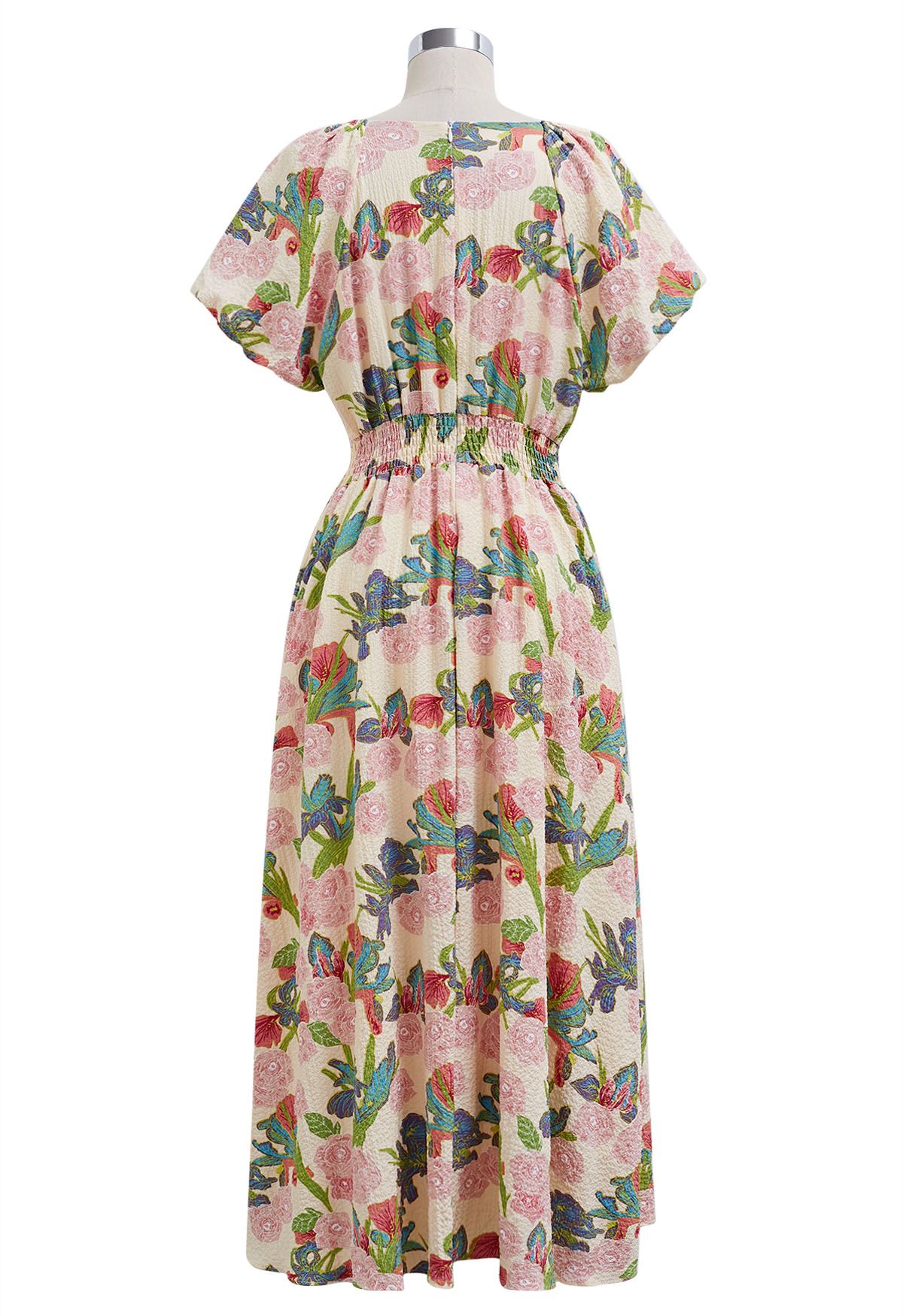 Leafy Garden Rose Print Puff Sleeve Midi Dress