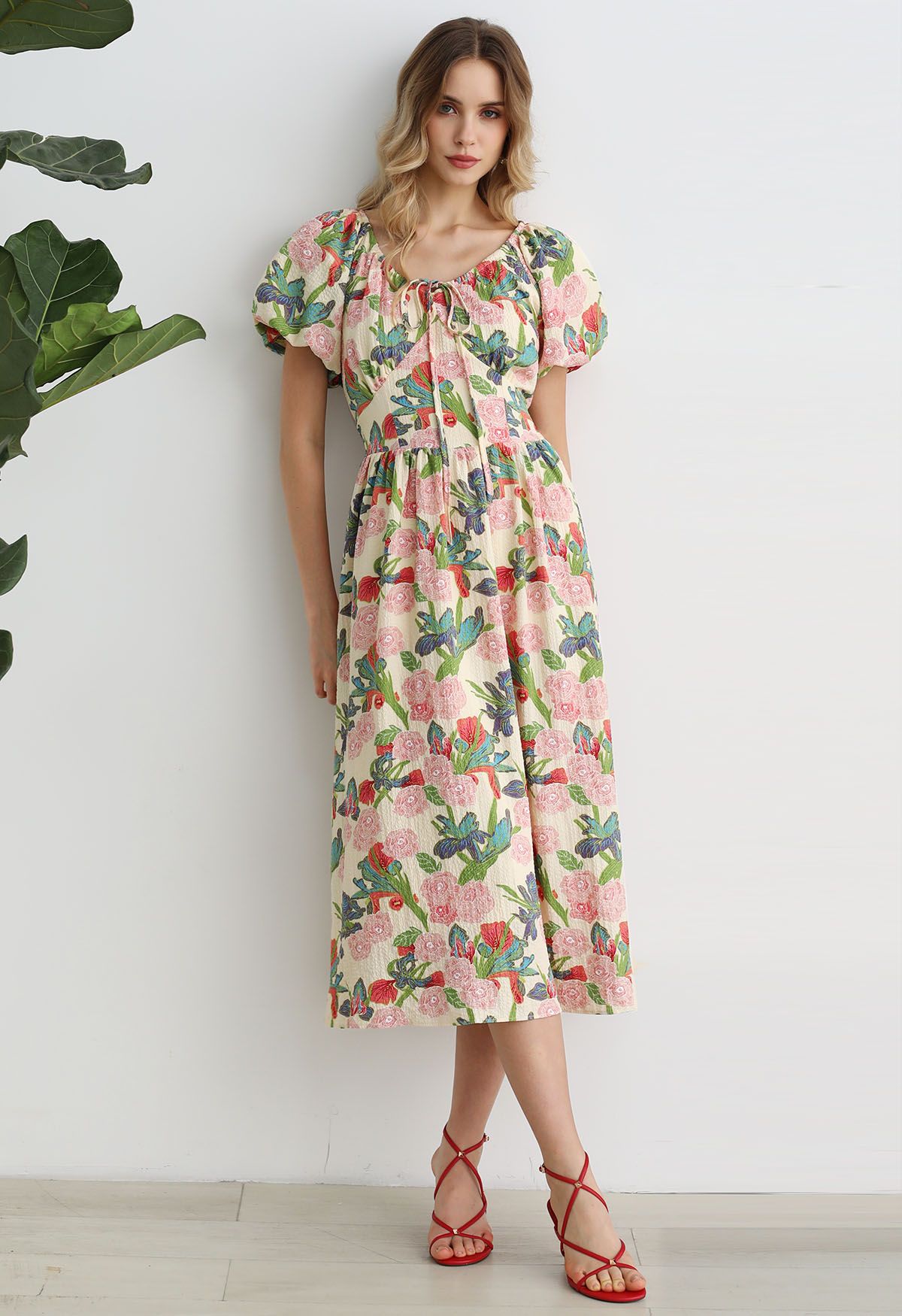 Leafy Garden Rose Print Puff Sleeve Midi Dress