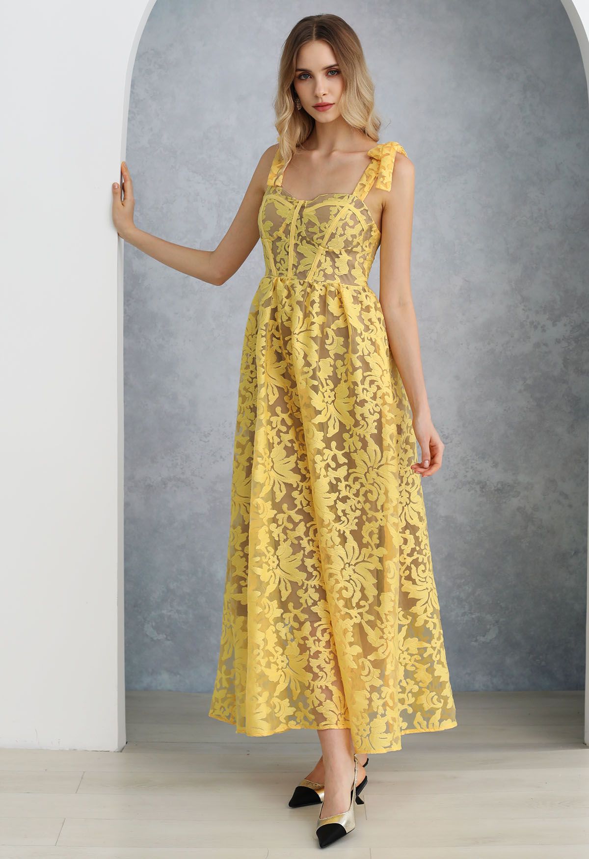 Yellow Embroidered Floral Organza Cami Dress