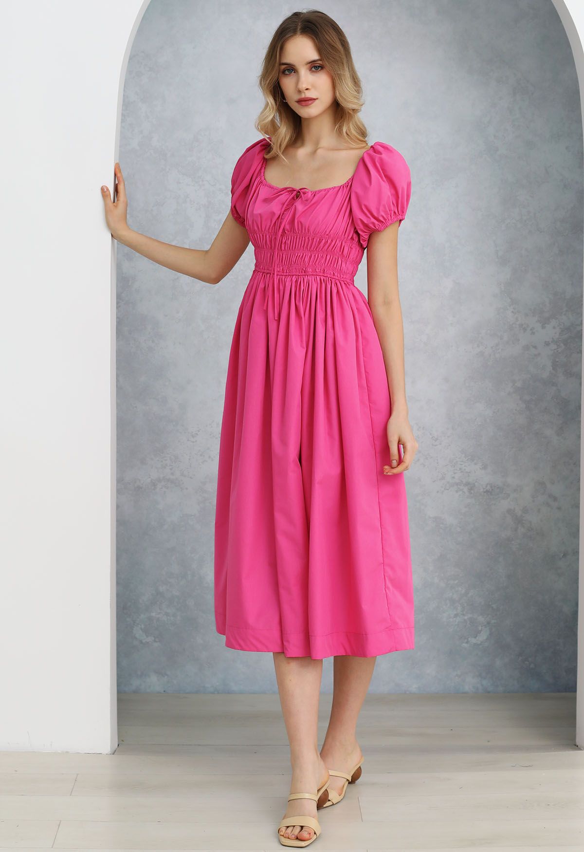 Square Neck Bubble Sleeve Shirred Midi Dress in Hot Pink