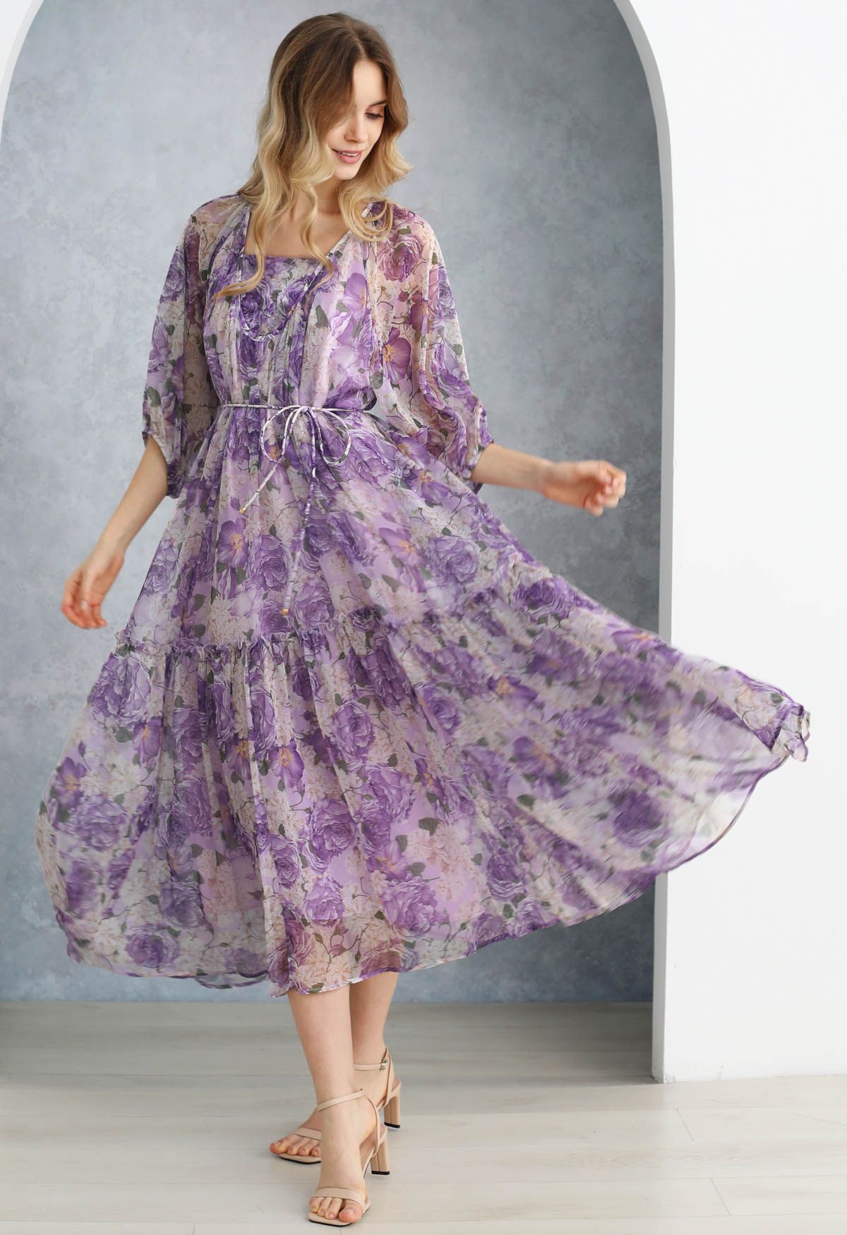 Gauzy Floral Print Bubble Sleeve Dolly Dress in Purple