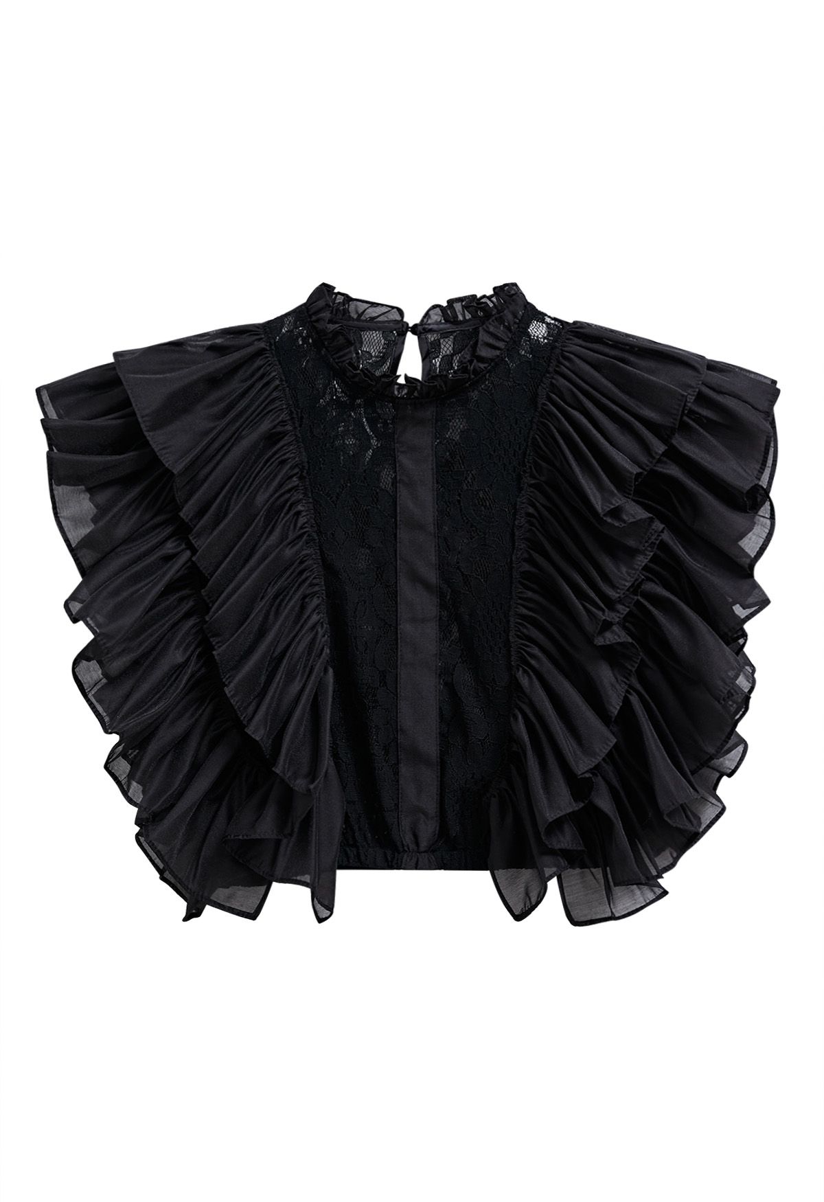 Tiered Ruffle Sleeveless Lace Crop Top in Black