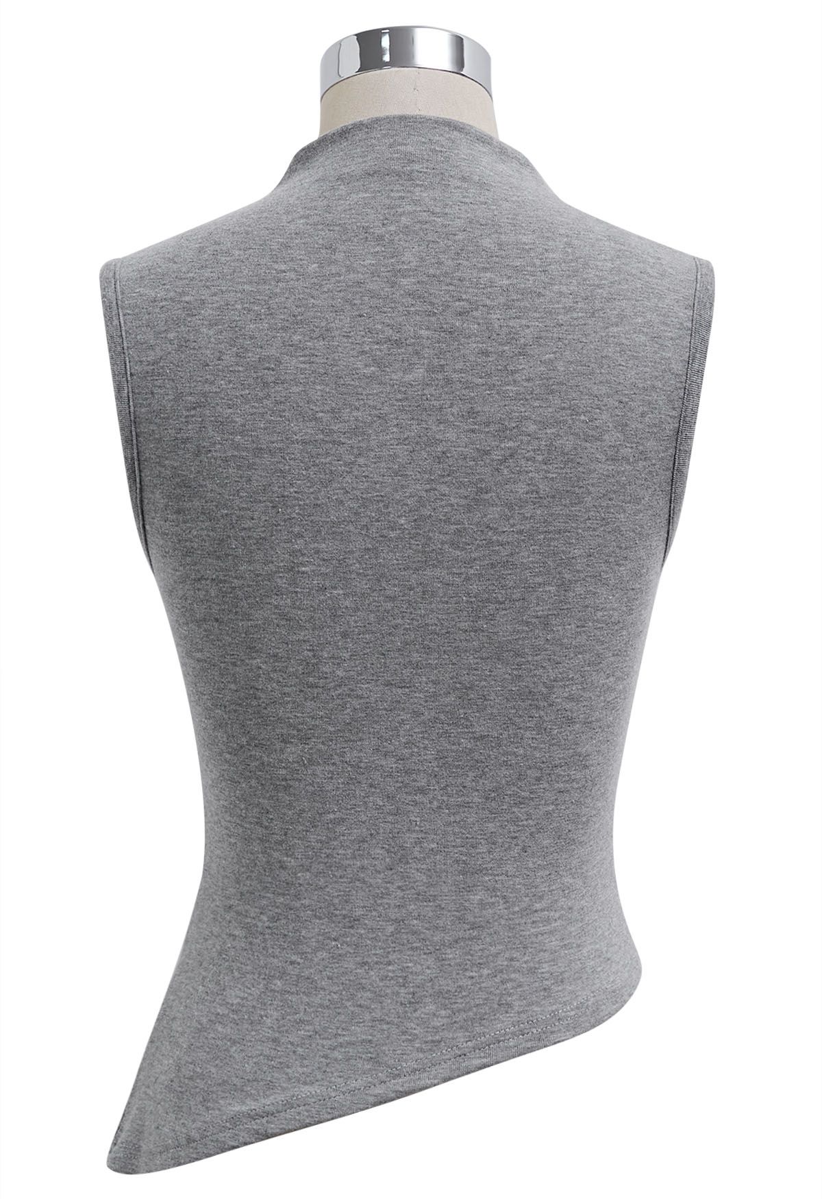 Detachable Necklace Adorned Asymmetric Sleeveless Top in Grey