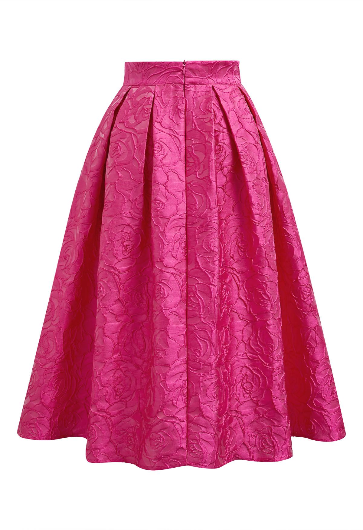 Hot Pink Roses Jacquard Side Pocket Pleated Midi Skirt