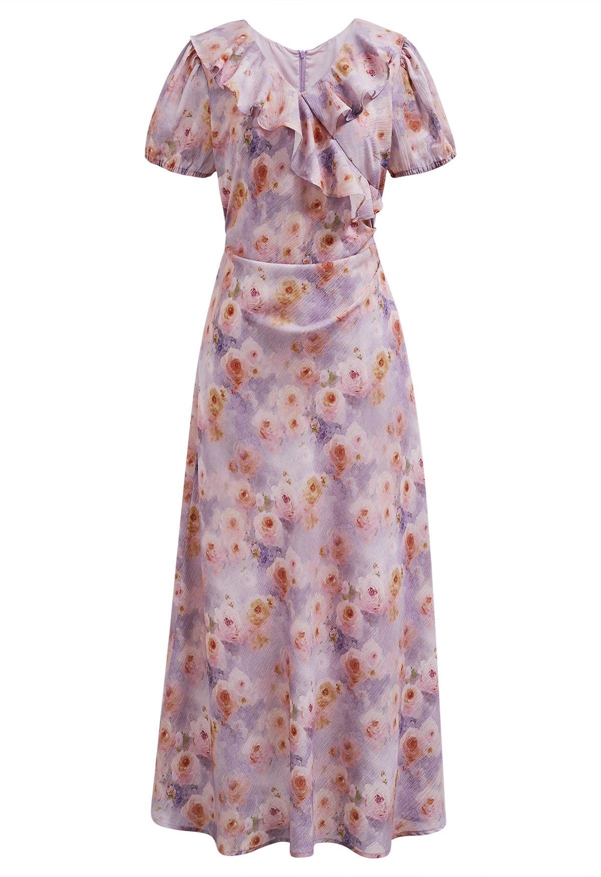 Rose Printed Ruffle Trim Maxi Dress in Lilac