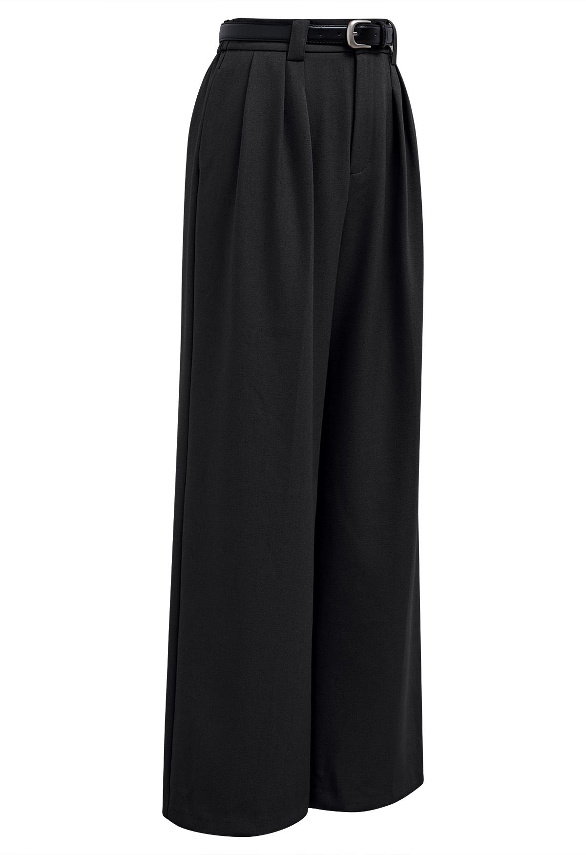 Faux Leather Belt Straight-Leg Pants in Black