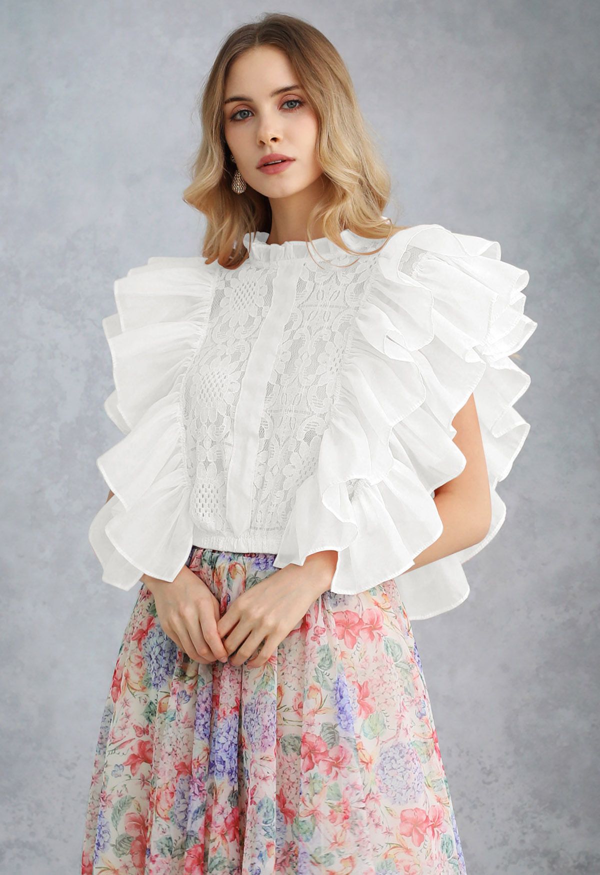 Tiered Ruffle Sleeveless Lace Crop Top in White