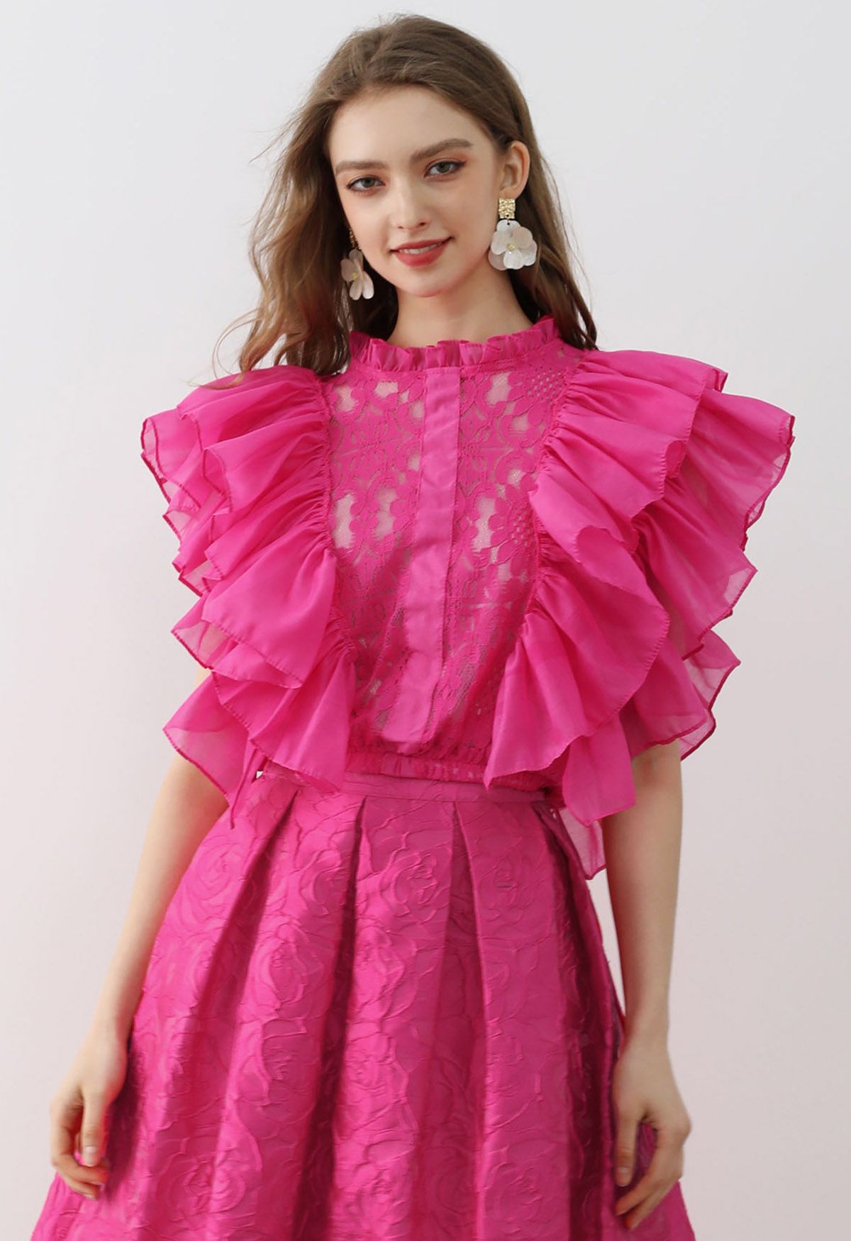 Tiered Ruffle Sleeveless Lace Crop Top in Magenta