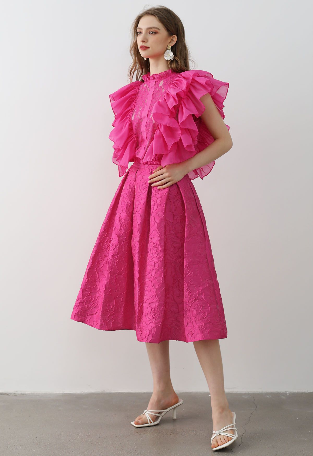 Hot Pink Roses Jacquard Side Pocket Pleated Midi Skirt