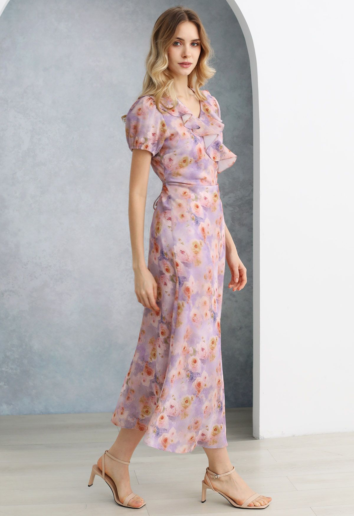 Rose Printed Ruffle Trim Maxi Dress in Lilac