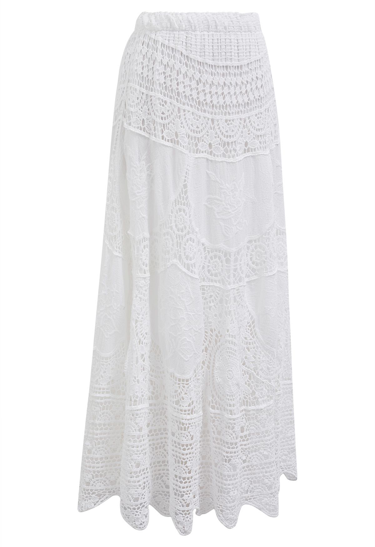 Embroidered Floral Cutwork Crochet Maxi Skirt in White