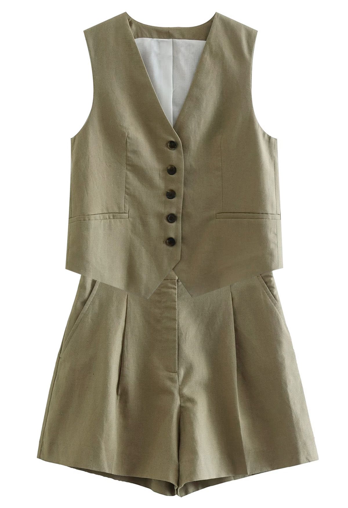 V-Neck Buttoned Down Linen-Blend Vest in Moss Green