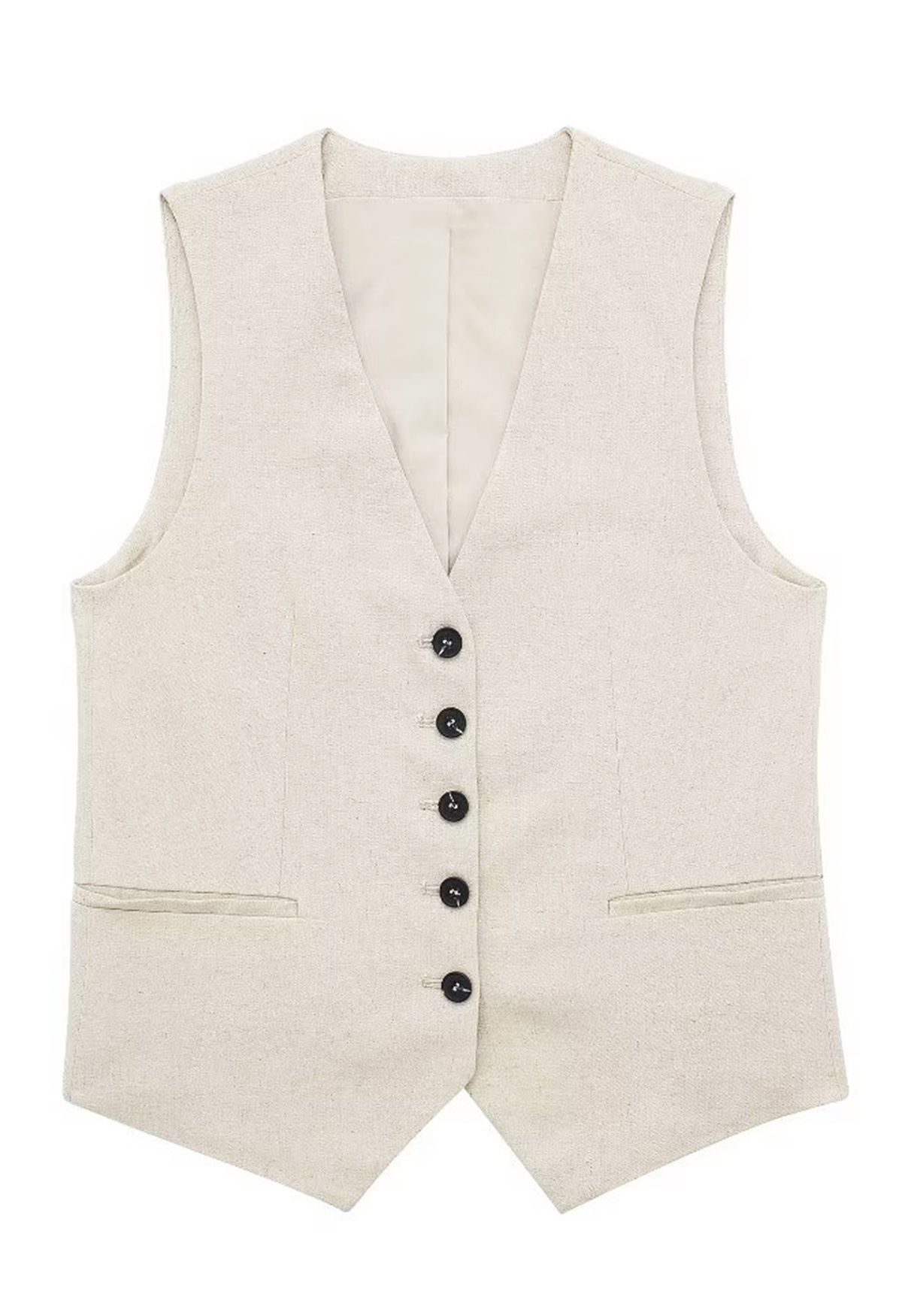 V-Neck Buttoned Down Linen-Blend Vest in Linen