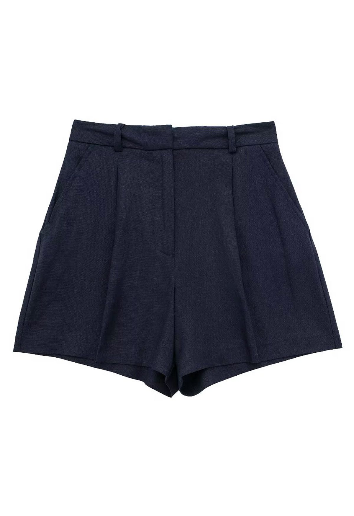 Side Pocket Pleated Linen-Blend Shorts in Navy