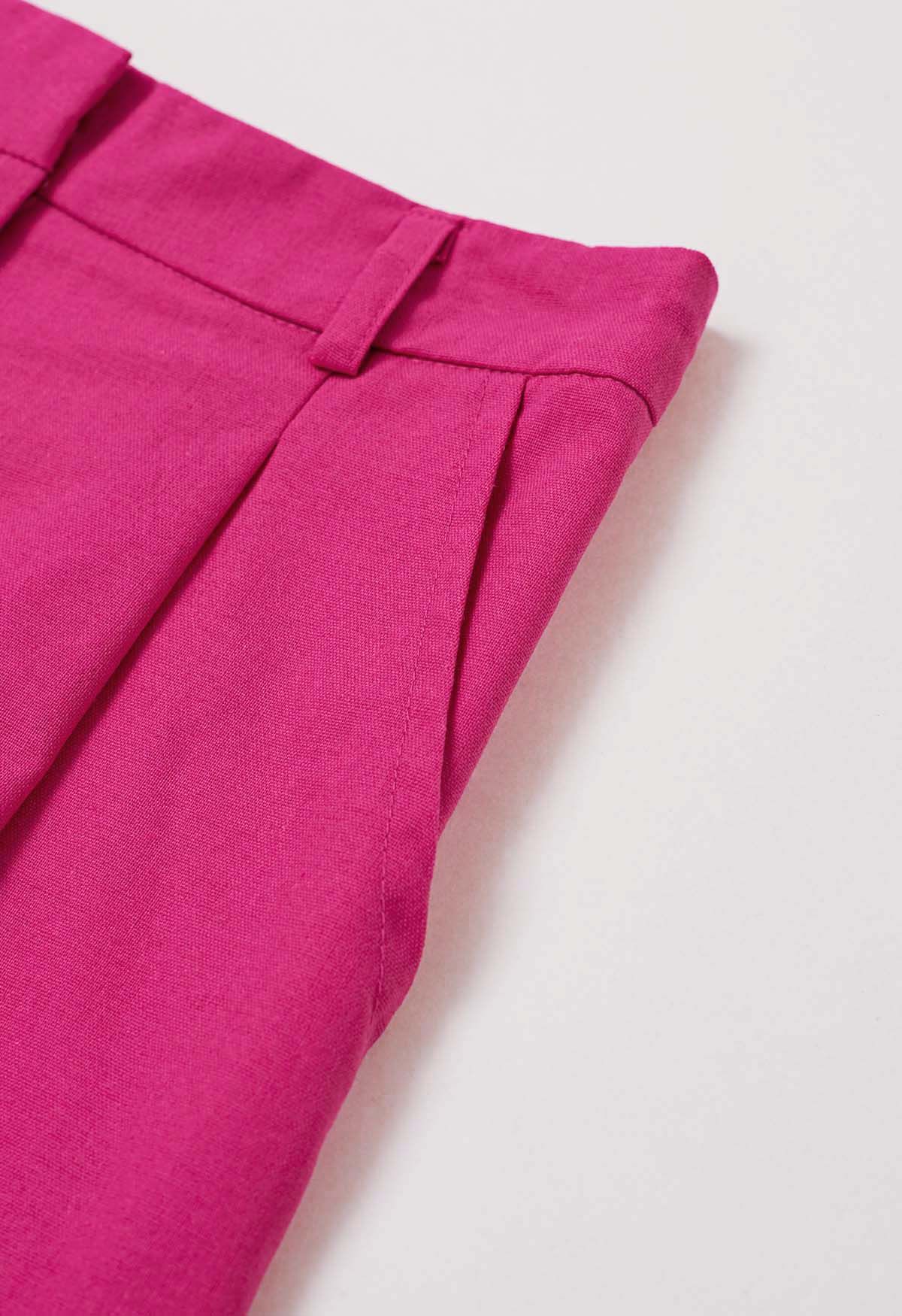 Side Pocket Pleated Linen-Blend Shorts in Hot Pink