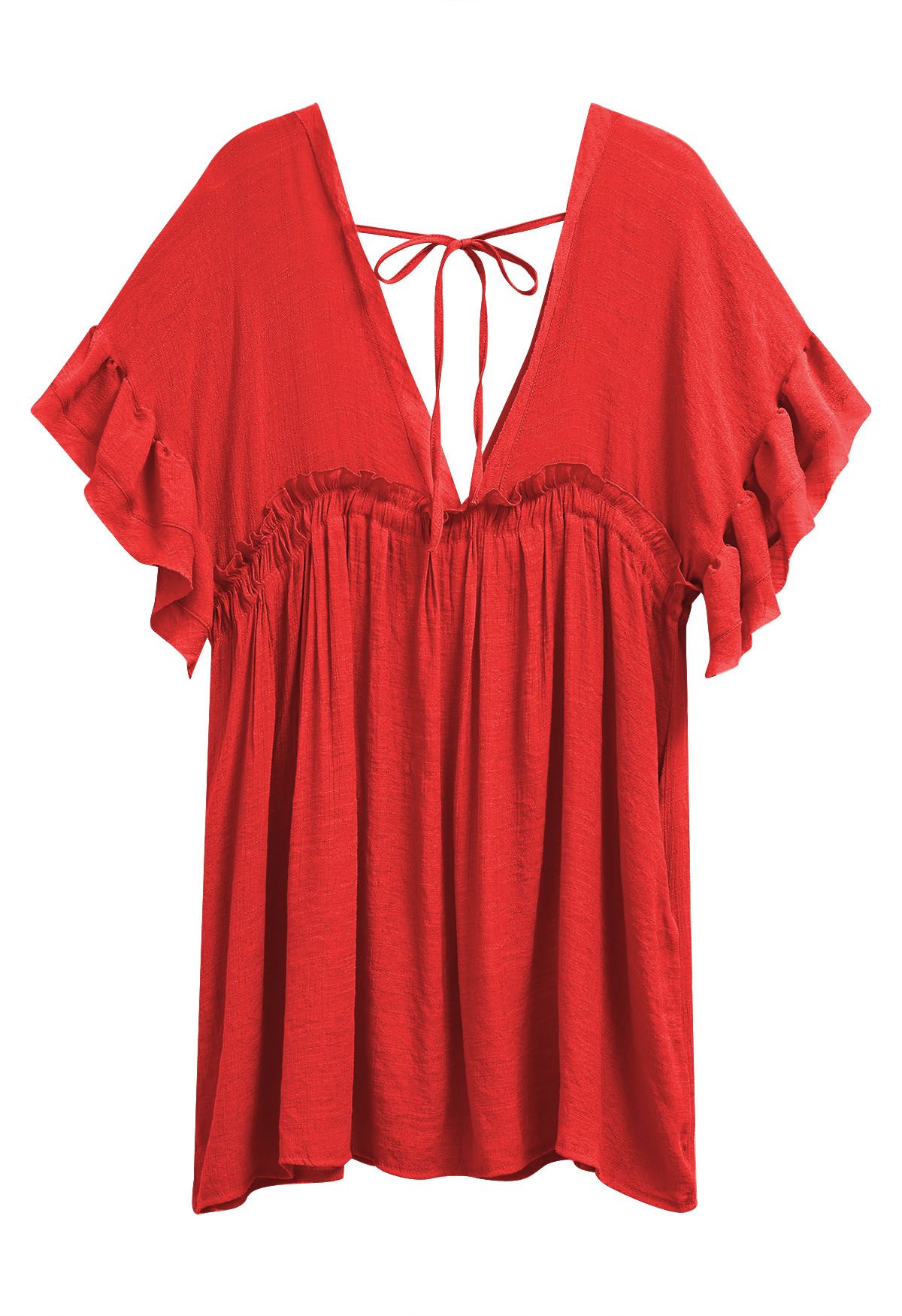 Deep V-Neck Flounce Sleeve Buttoned Cover-Up in Red