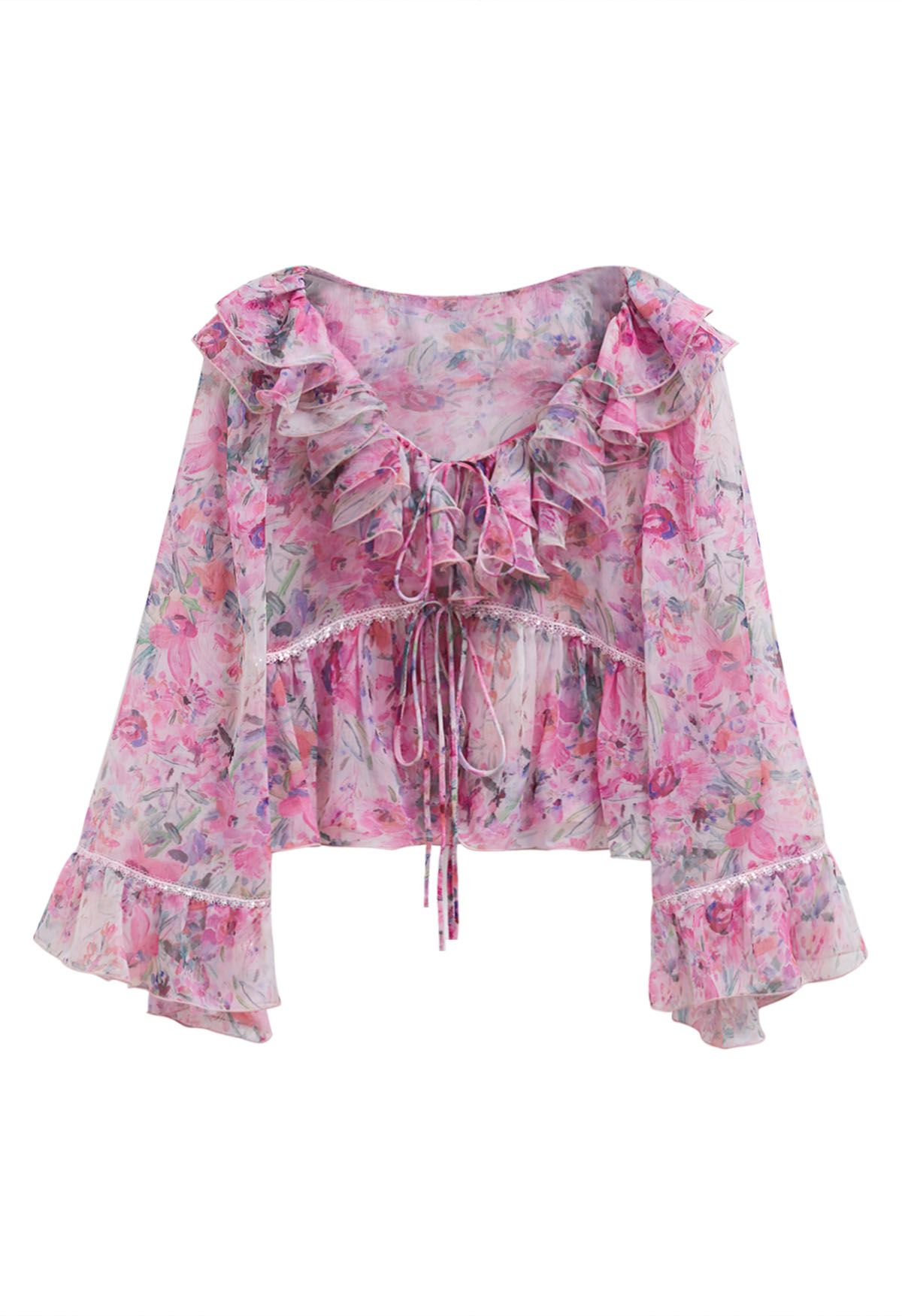 Watercolor Floral Ruffle Bell Sleeve Sheer Top in Pink