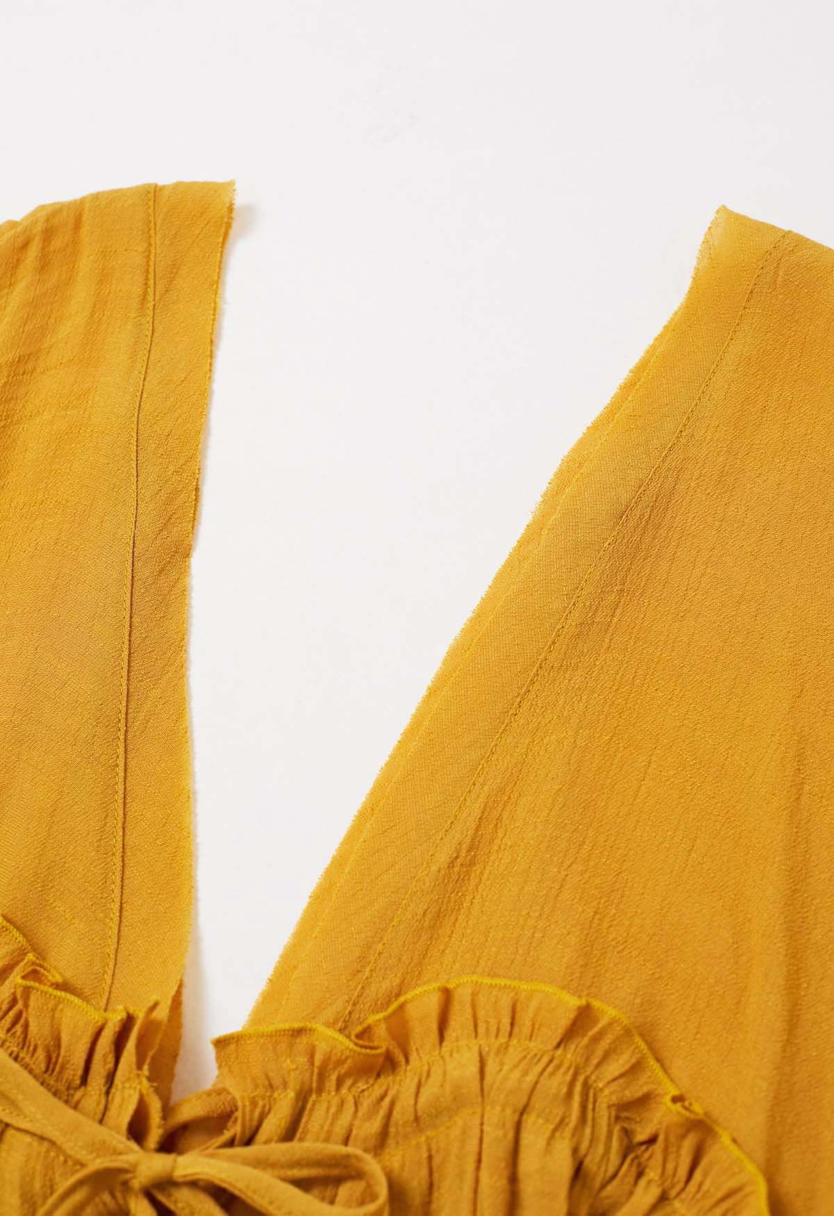 Deep V-Neck Flounce Sleeve Buttoned Cover-Up in Mustard