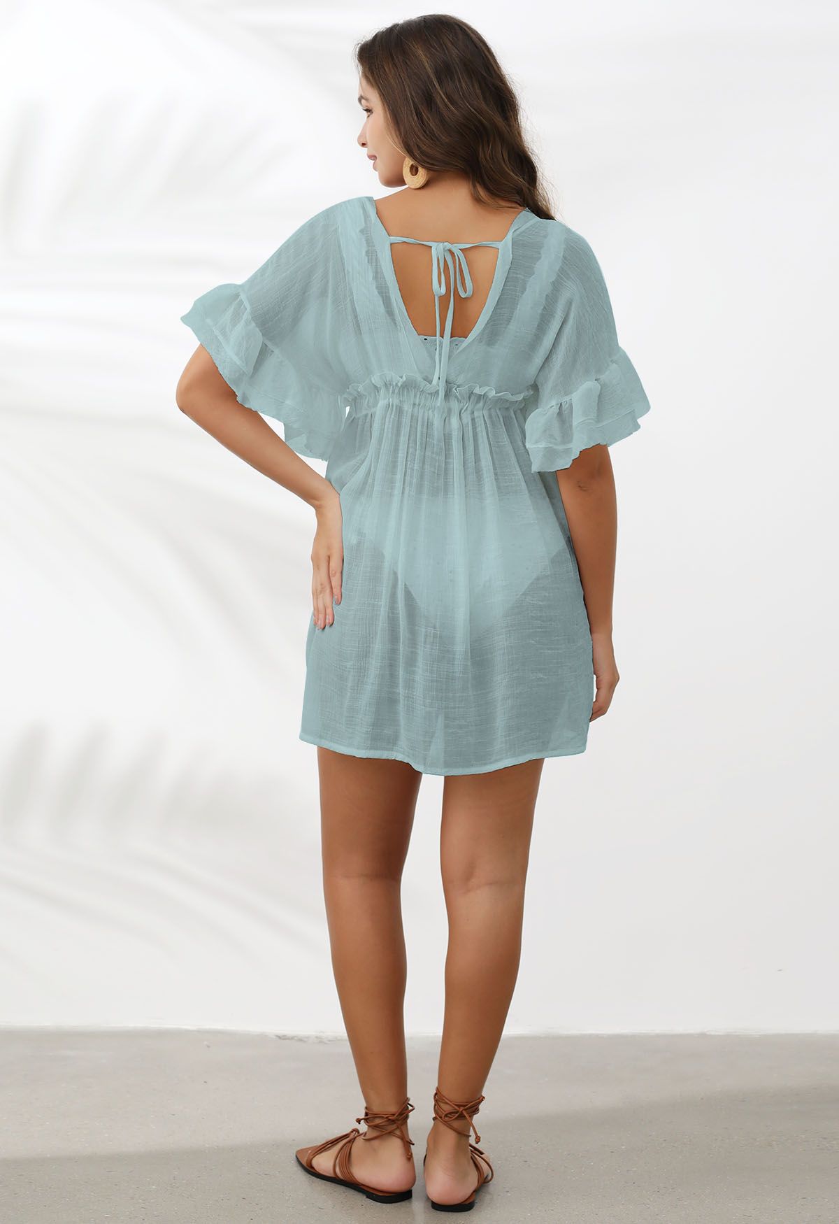 Deep V-Neck Flounce Sleeve Buttoned Cover-Up in Dusty Blue