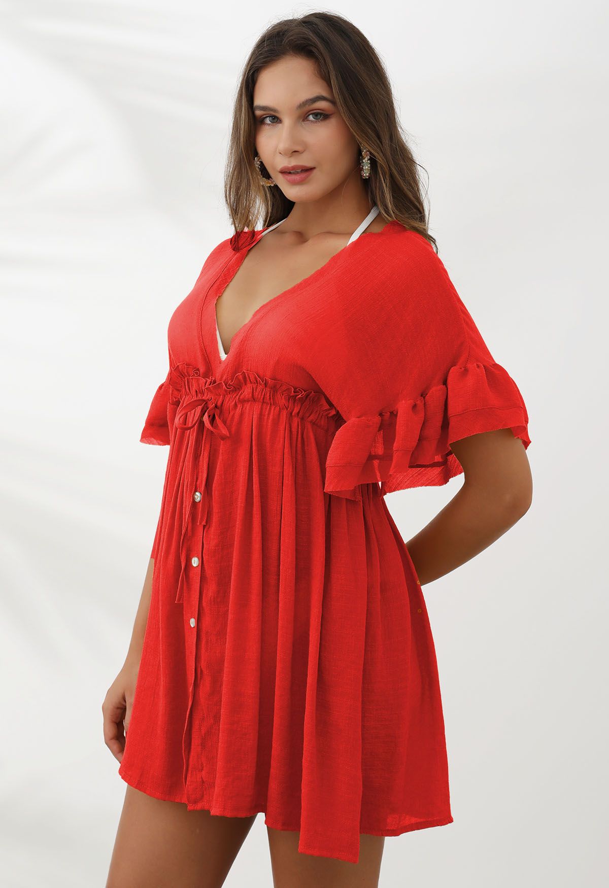 Deep V-Neck Flounce Sleeve Buttoned Cover-Up in Red