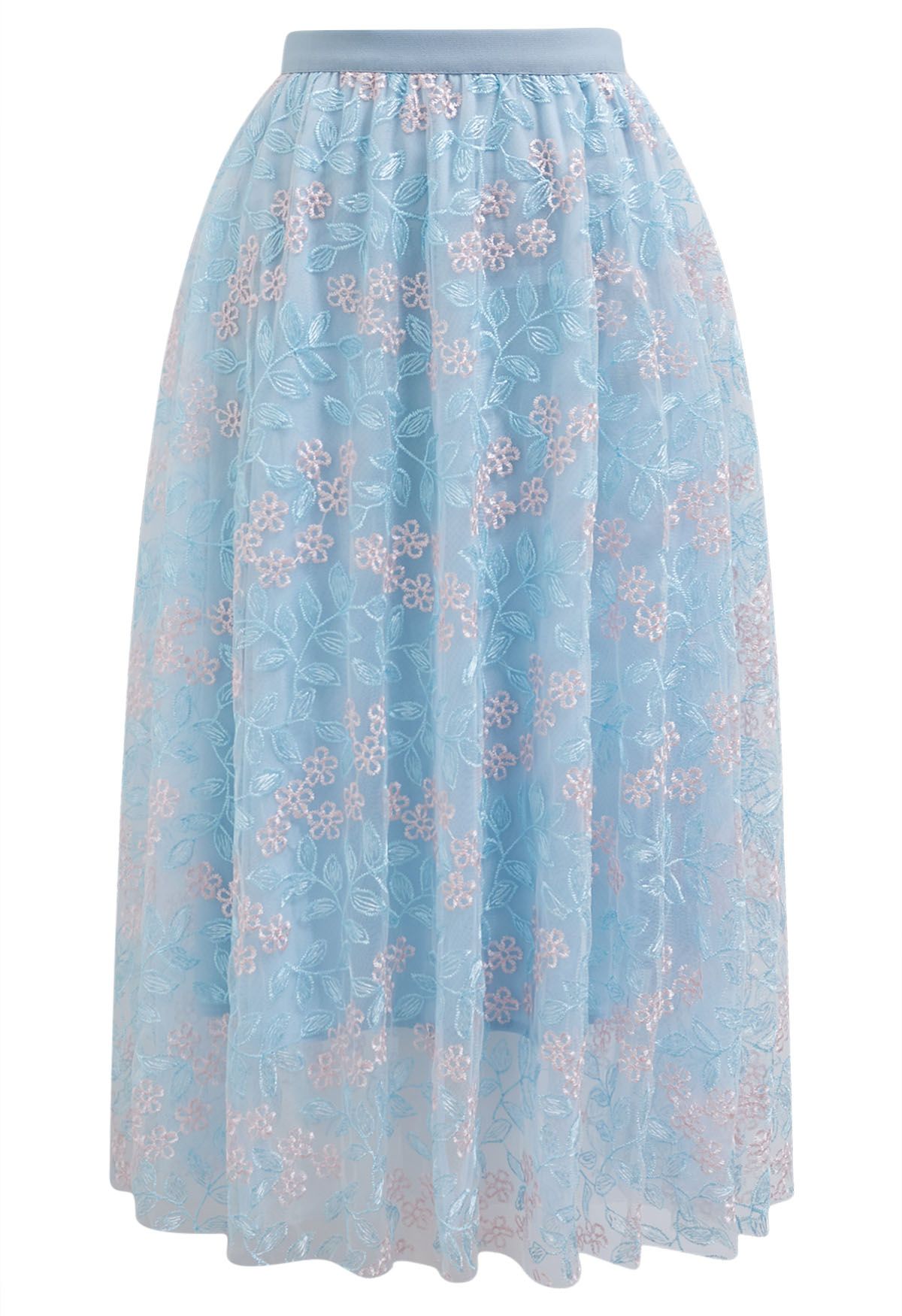 Floral Leaf Embroidered Mesh Tulle Midi Skirt in Blue