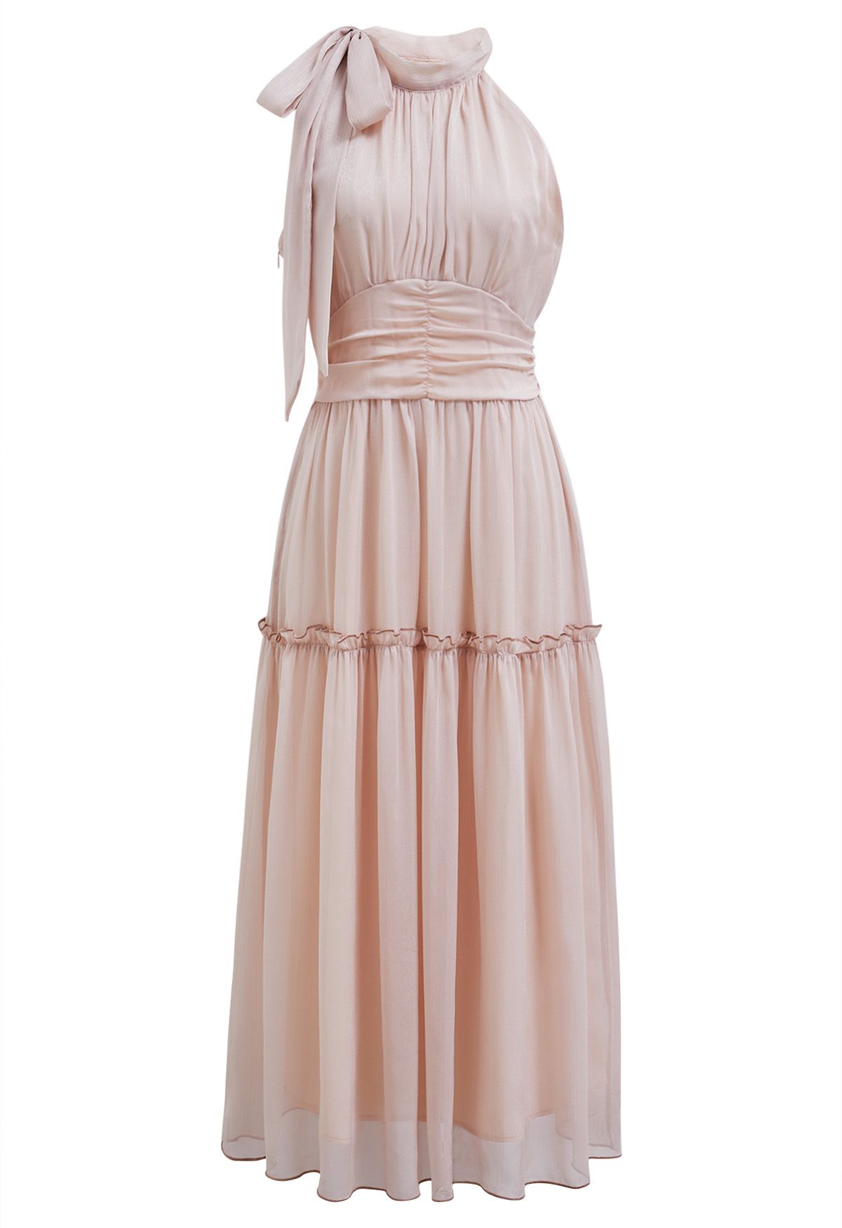 Solid Color Bowknot Halter Neck Ruffle Midi Dress in Light Pink