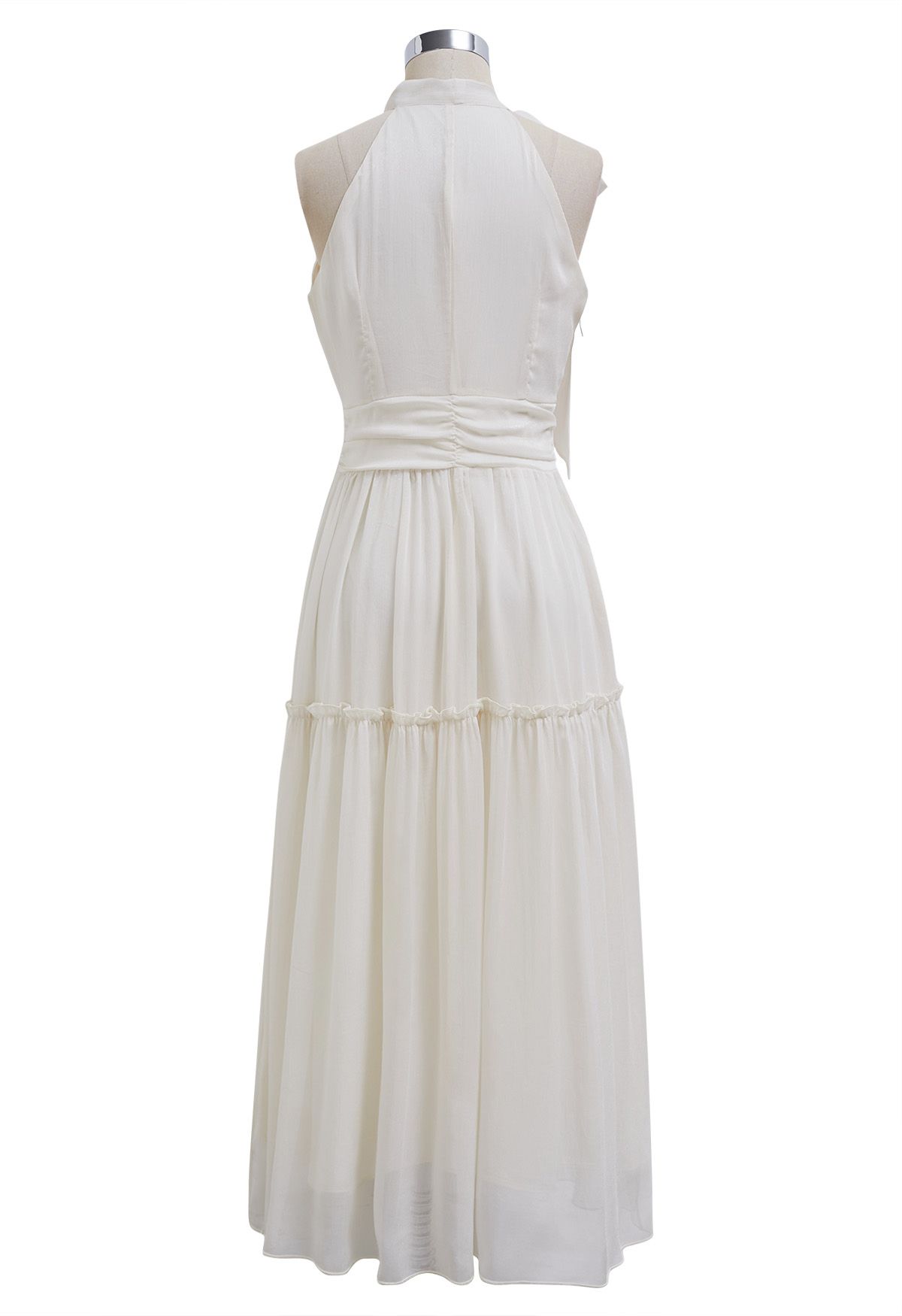 Solid Color Bowknot Halter Neck Ruffle Midi Dress in Ivory