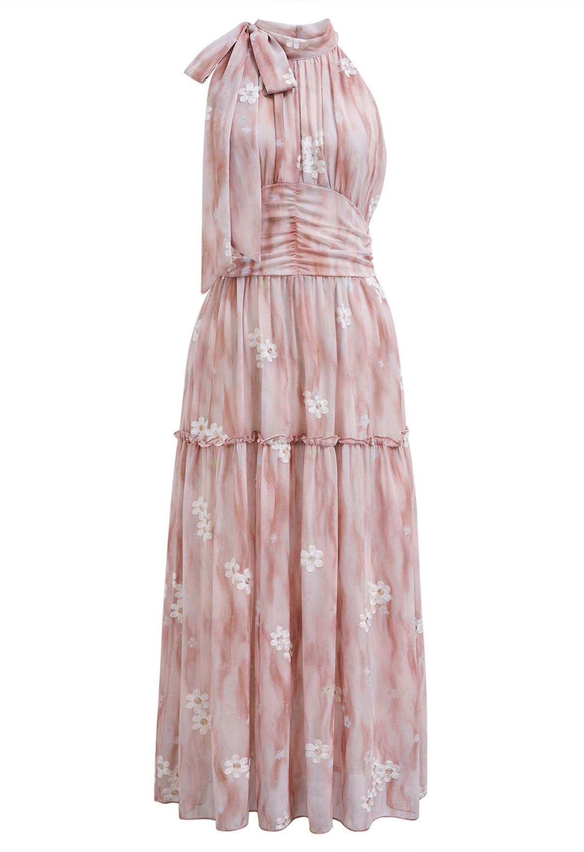 Floret Embroidery Bowknot Halter Neck Ruffle Midi Dress in Pink