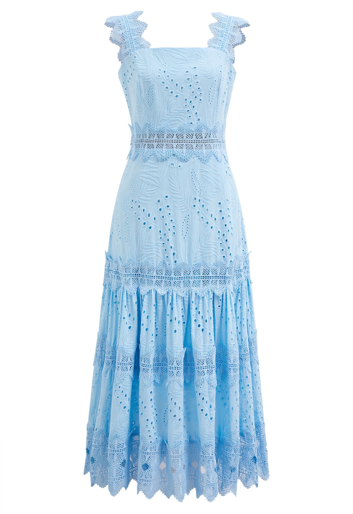 Leaves Eyelet Embroidered Lace Trim Cami Dress in Blue