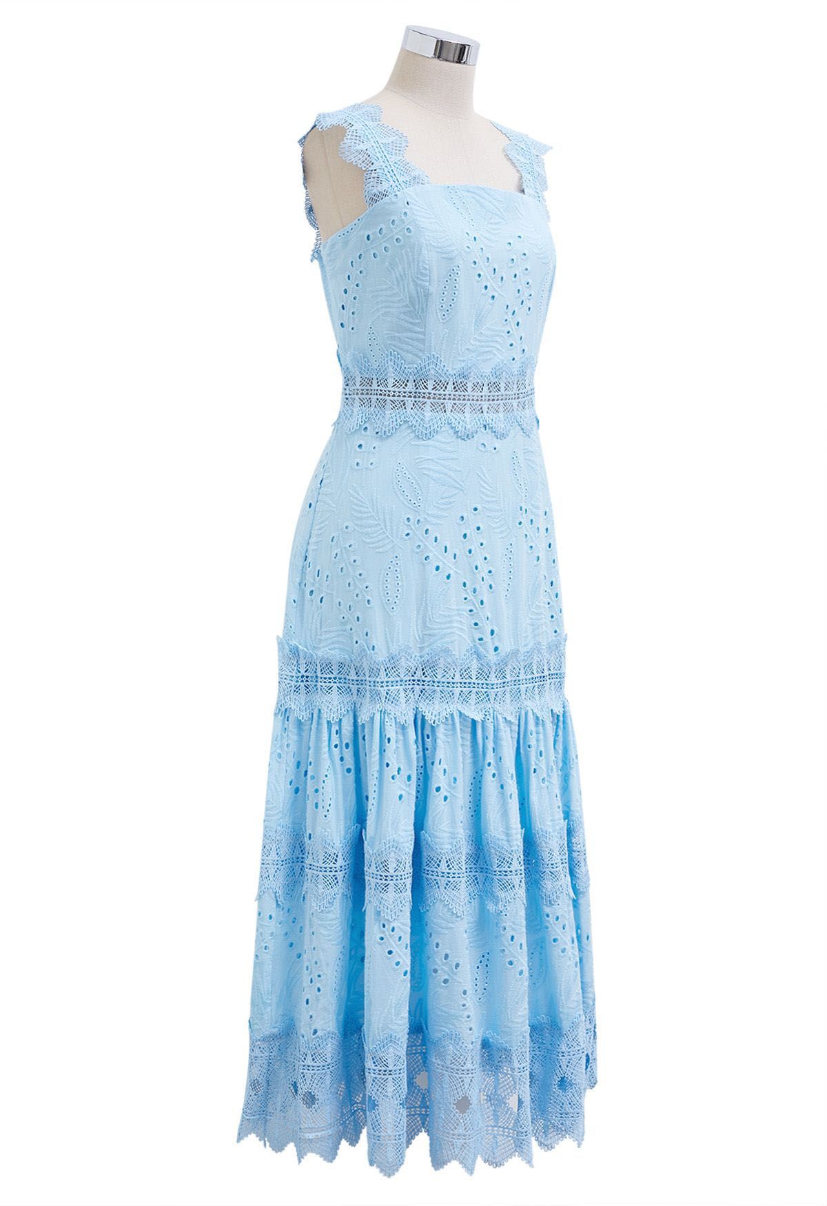 Leaves Eyelet Embroidered Lace Trim Cami Dress in Blue