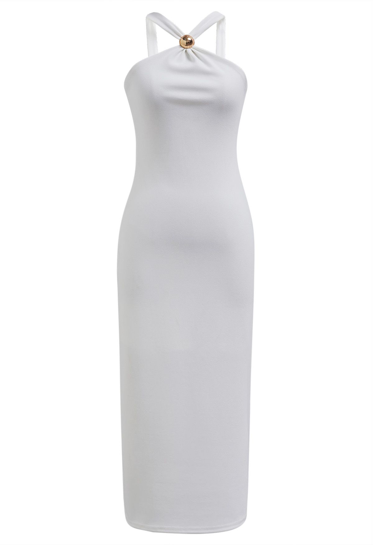 Golden Bead Trim Halter Sheath Dress in White