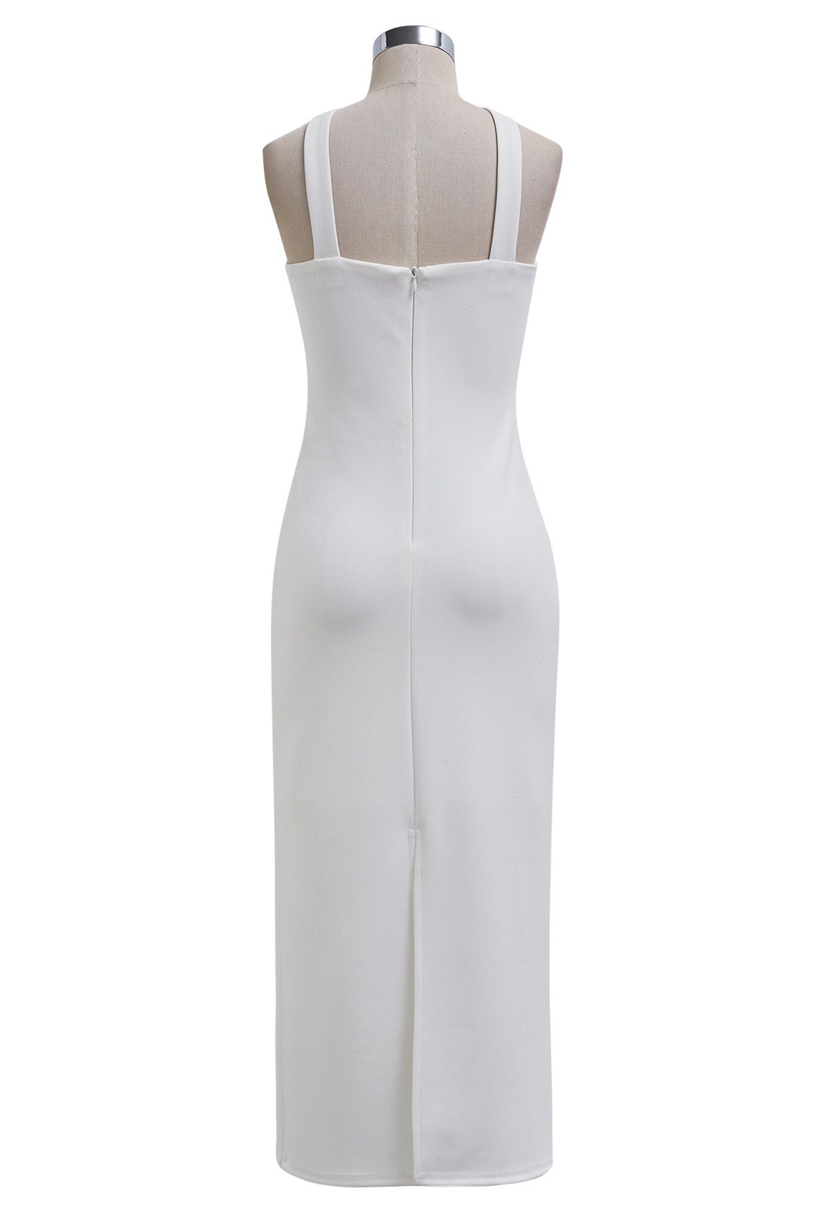 Golden Bead Trim Halter Sheath Dress in White